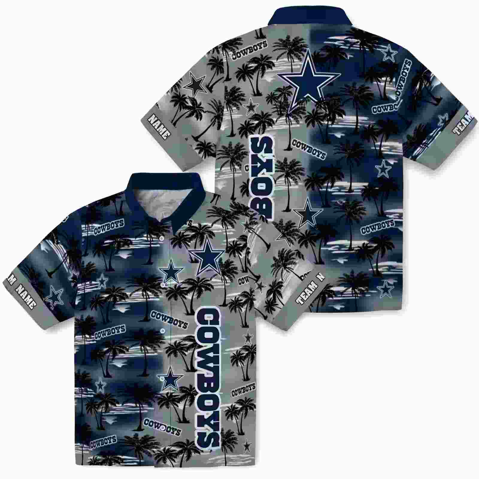 customized dallas cowboys palm silhouettes blue hawaiian shirt high quality