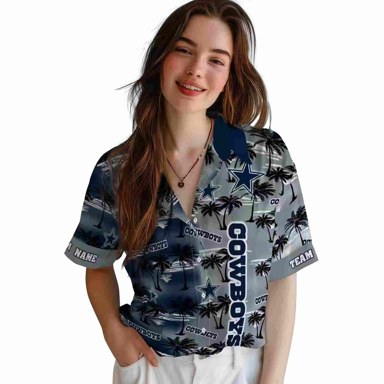 customized dallas cowboys palm silhouettes blue hawaiian shirt latest model