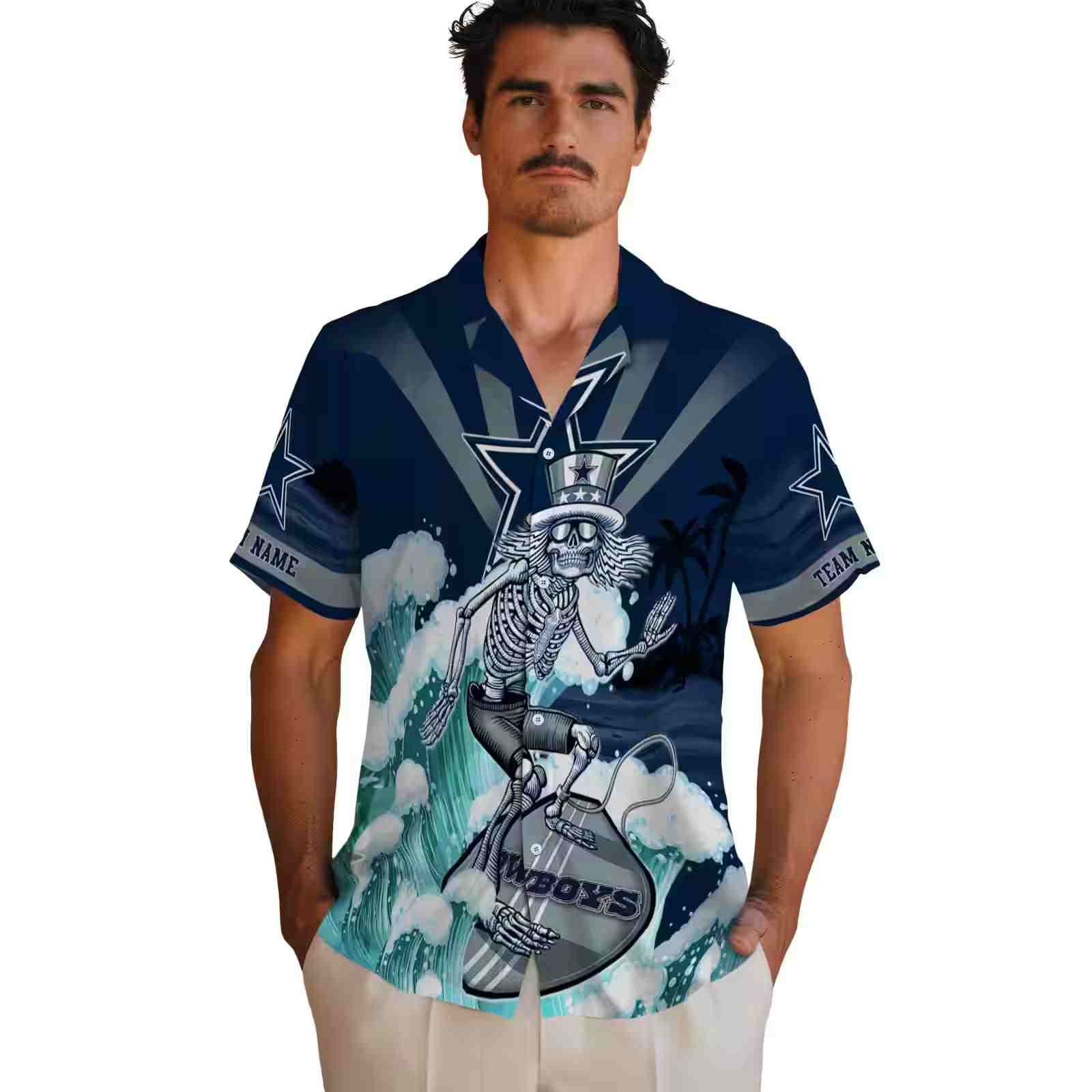 customized dallas cowboys surfing skeleton blue hawaiian shirt fashion forward