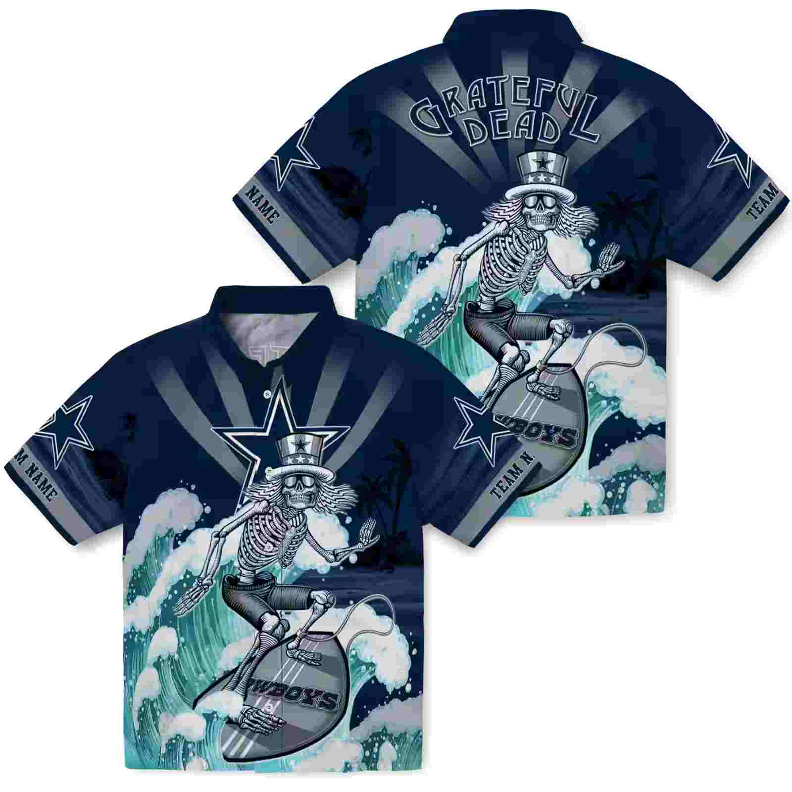 customized dallas cowboys surfing skeleton blue hawaiian shirt high quality