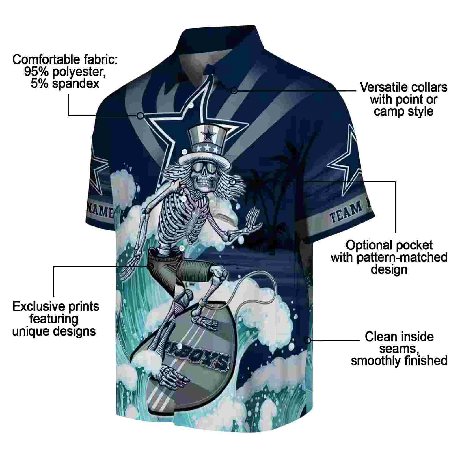 customized dallas cowboys surfing skeleton blue hawaiian shirt new arrival