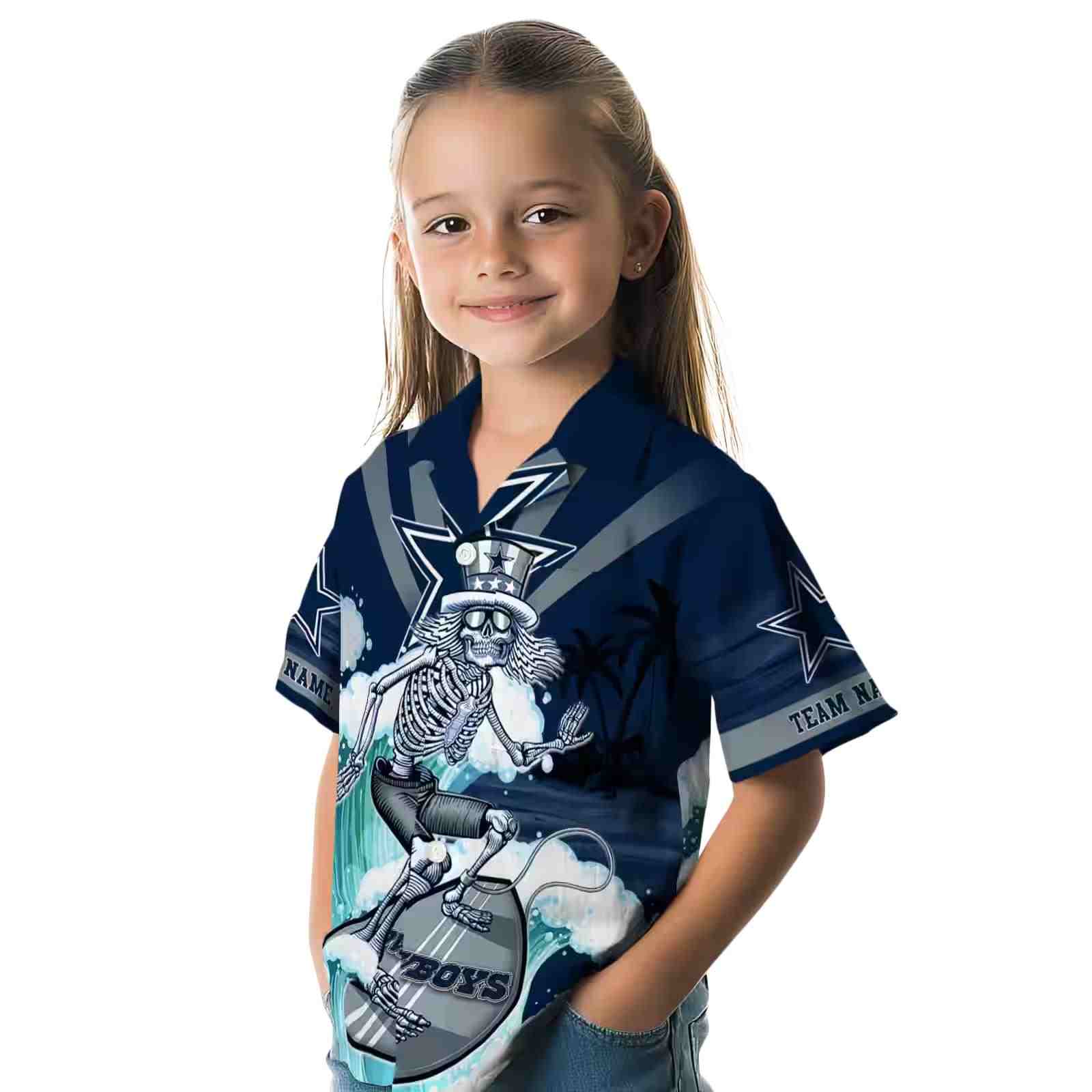 customized dallas cowboys surfing skeleton blue hawaiian shirt premium grade