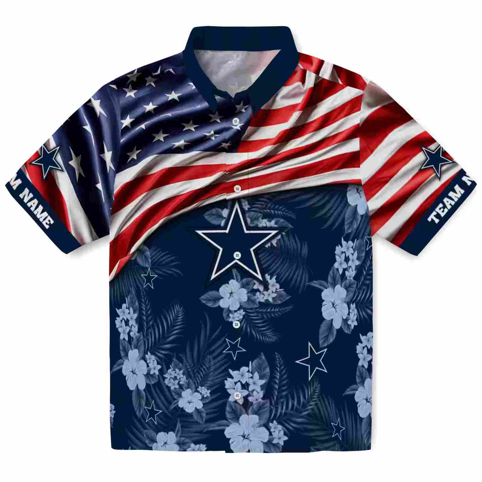 Customized Dallas Cowboys US Flag Hibiscus Blue Hawaiian Shirt