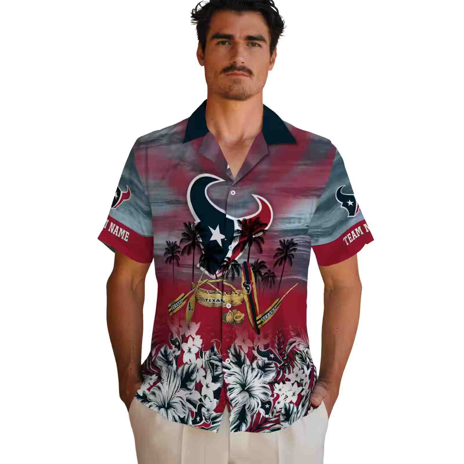 customized houston texans tropical canoe blue hawaiian shirt fashion forward