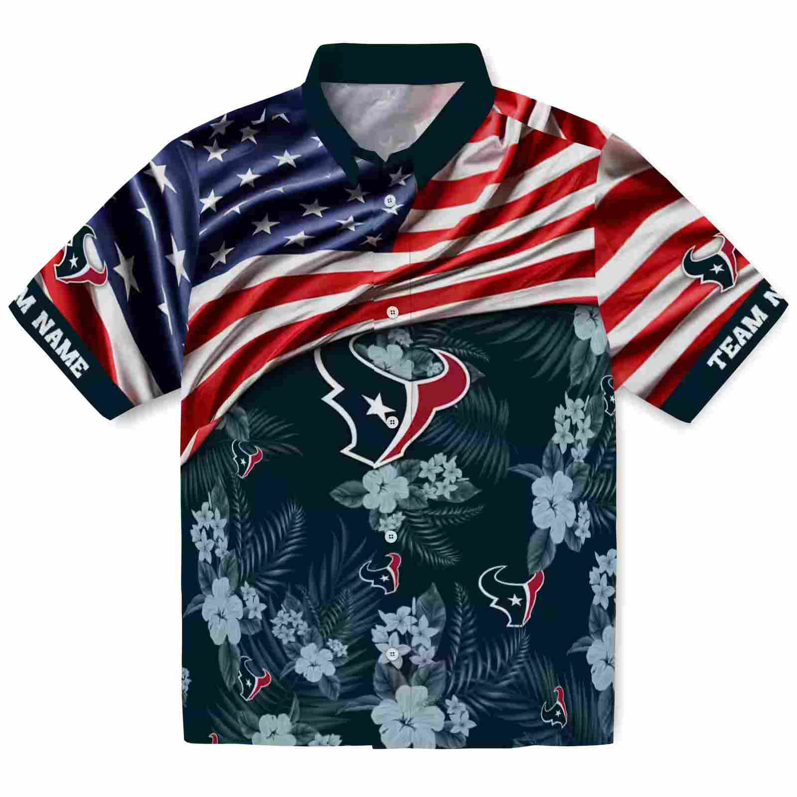 Customized Houston Texans US Flag Hibiscus Blue Hawaiian Shirt