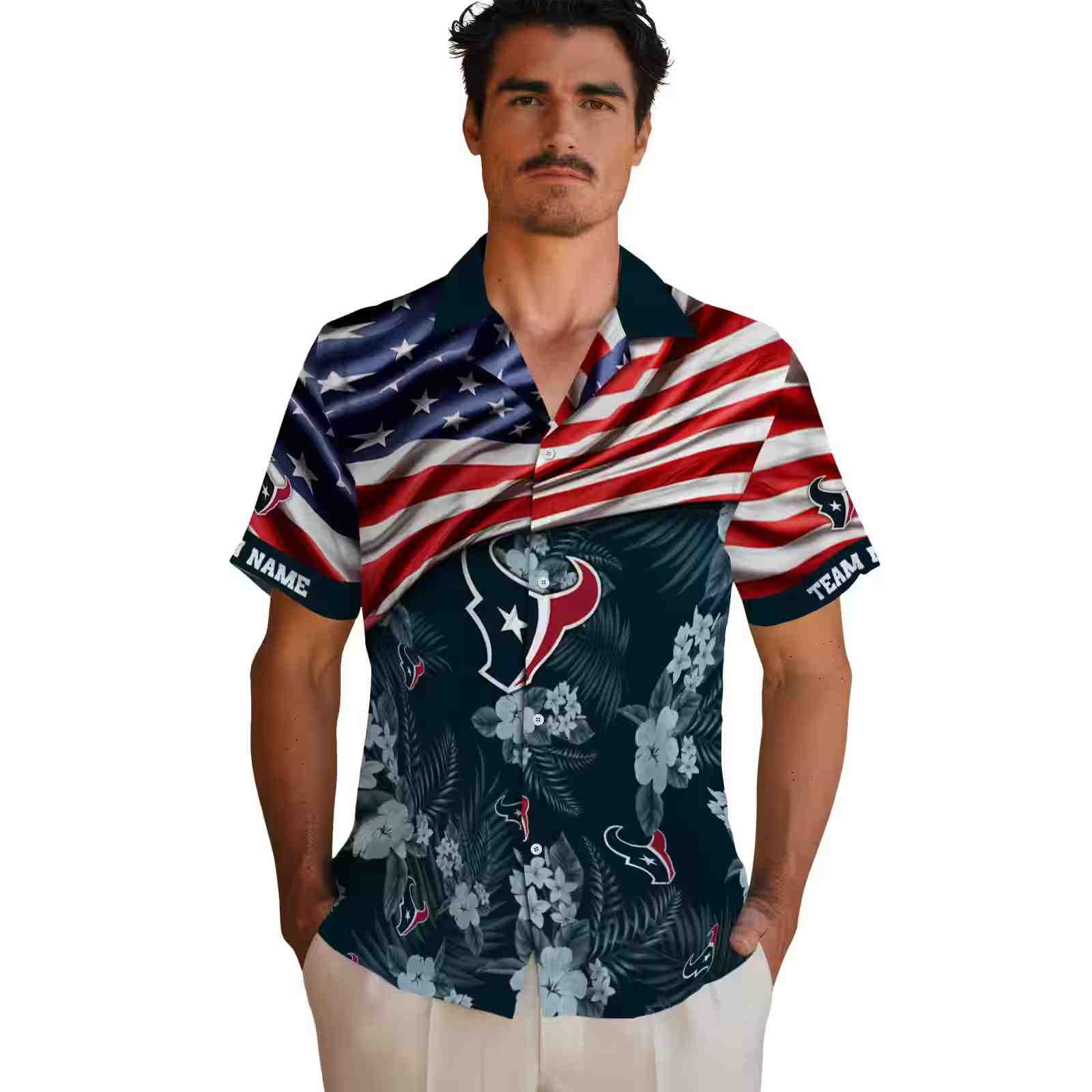 customized houston texans us flag hibiscus blue hawaiian shirt fashion forward