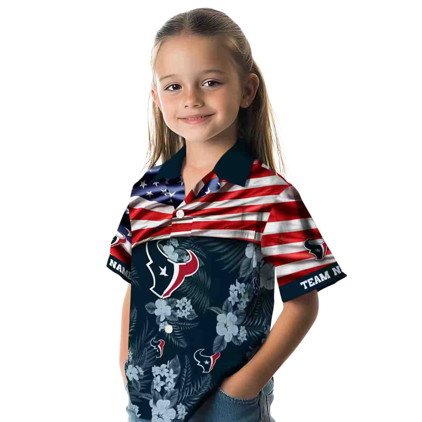 customized houston texans us flag hibiscus blue hawaiian shirt premium grade