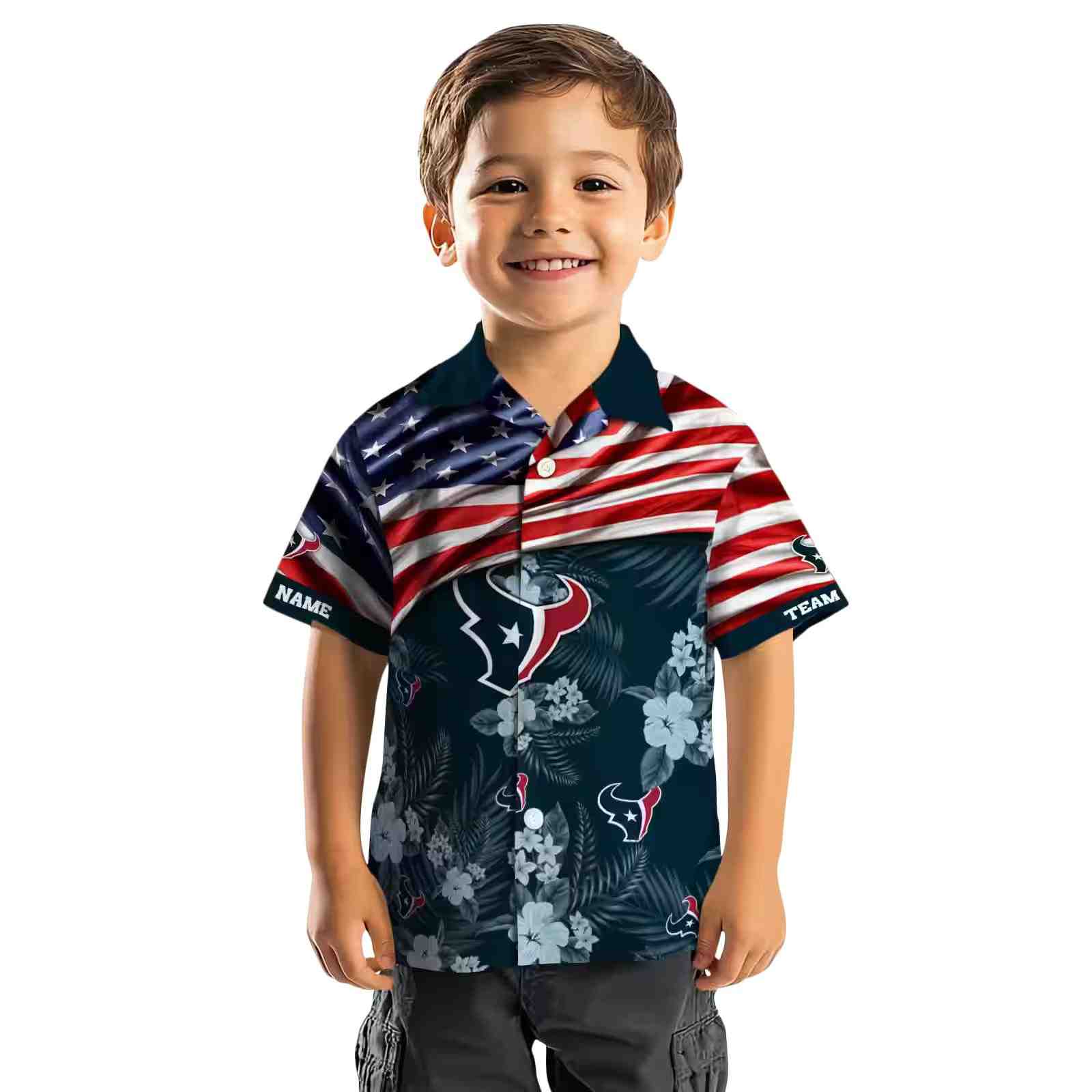 customized houston texans us flag hibiscus blue hawaiian shirt top rated