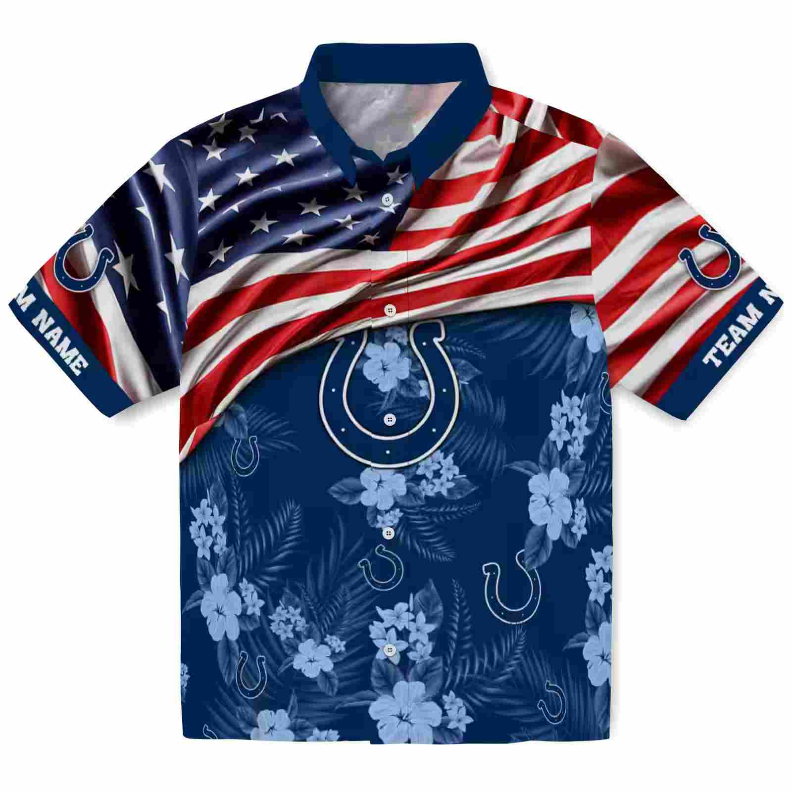 Customized Indianapolis Colts US Flag Hibiscus Blue Hawaiian Shirt