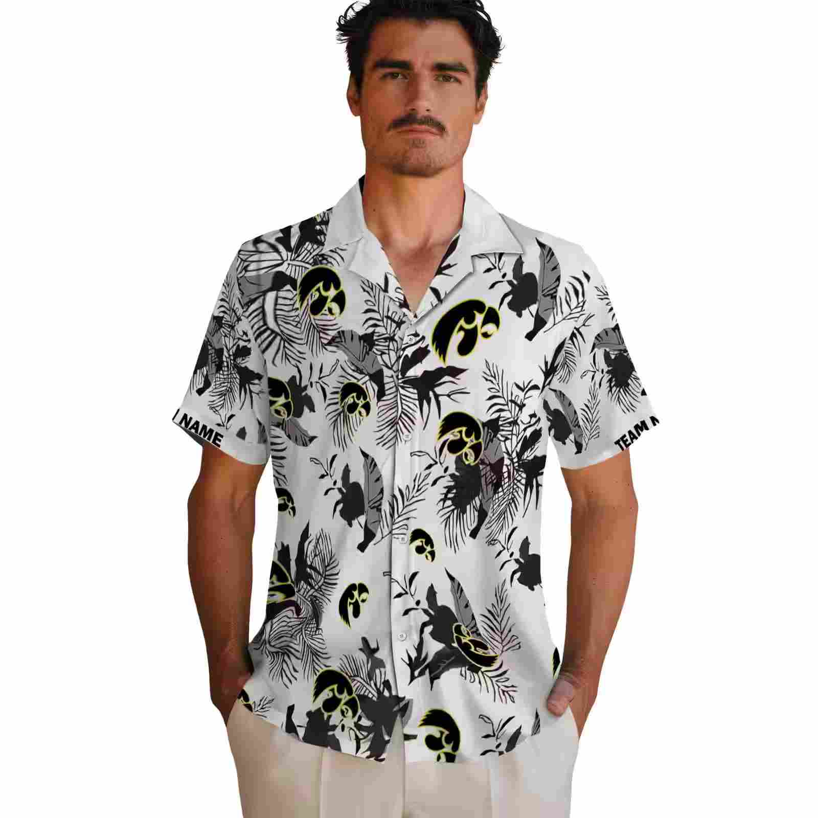 customized iowa hawkeyes botanical theme black white hawaiian shirt fashion forward