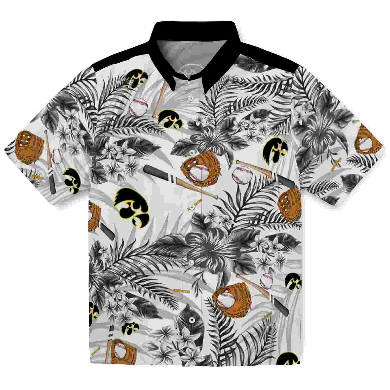 Customized Iowa Hawkeyes Floral Baseball Black White Hawaiian Shirt