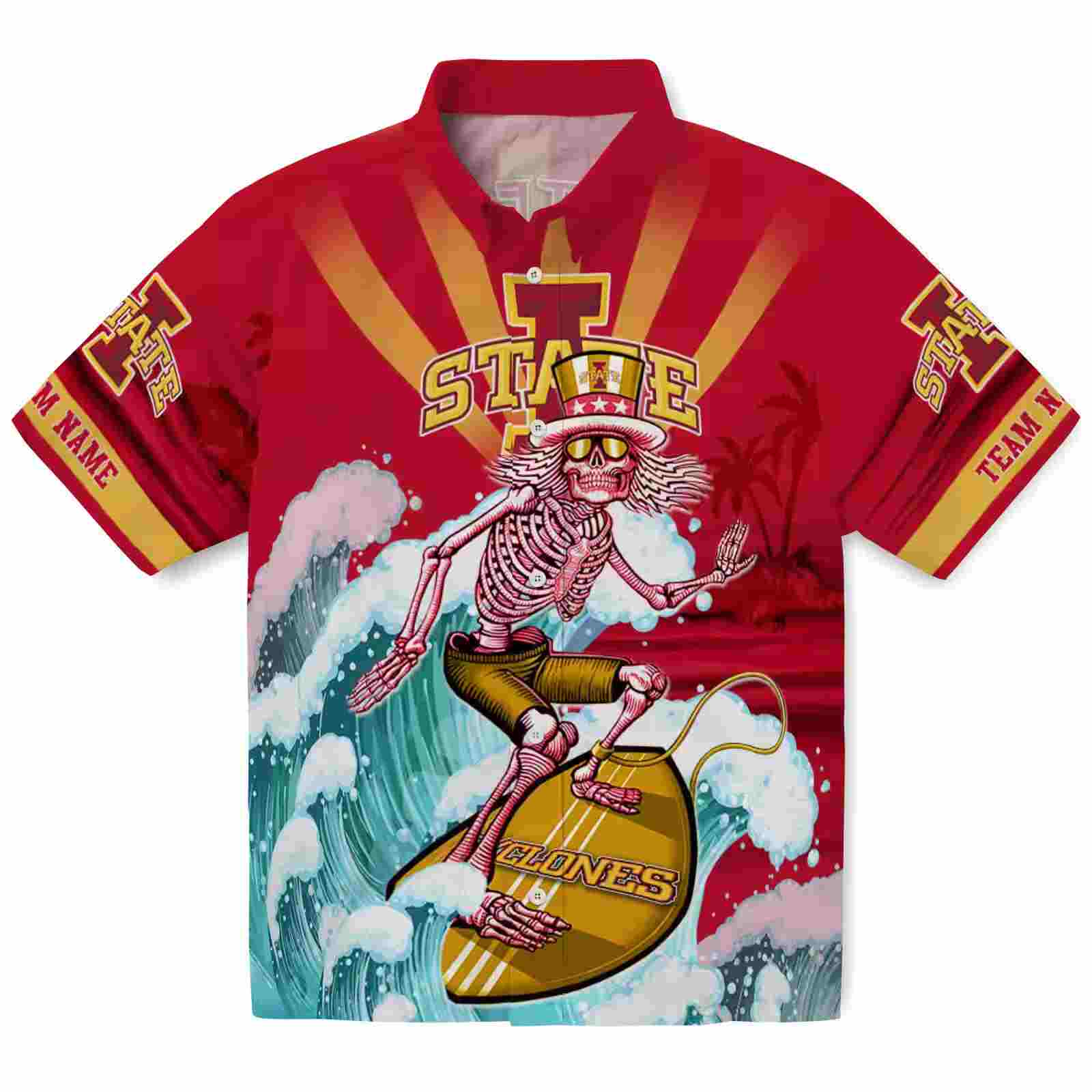 Customized Iowa State Cyclones Surfing Skeleton Red Blue Hawaiian Shirt