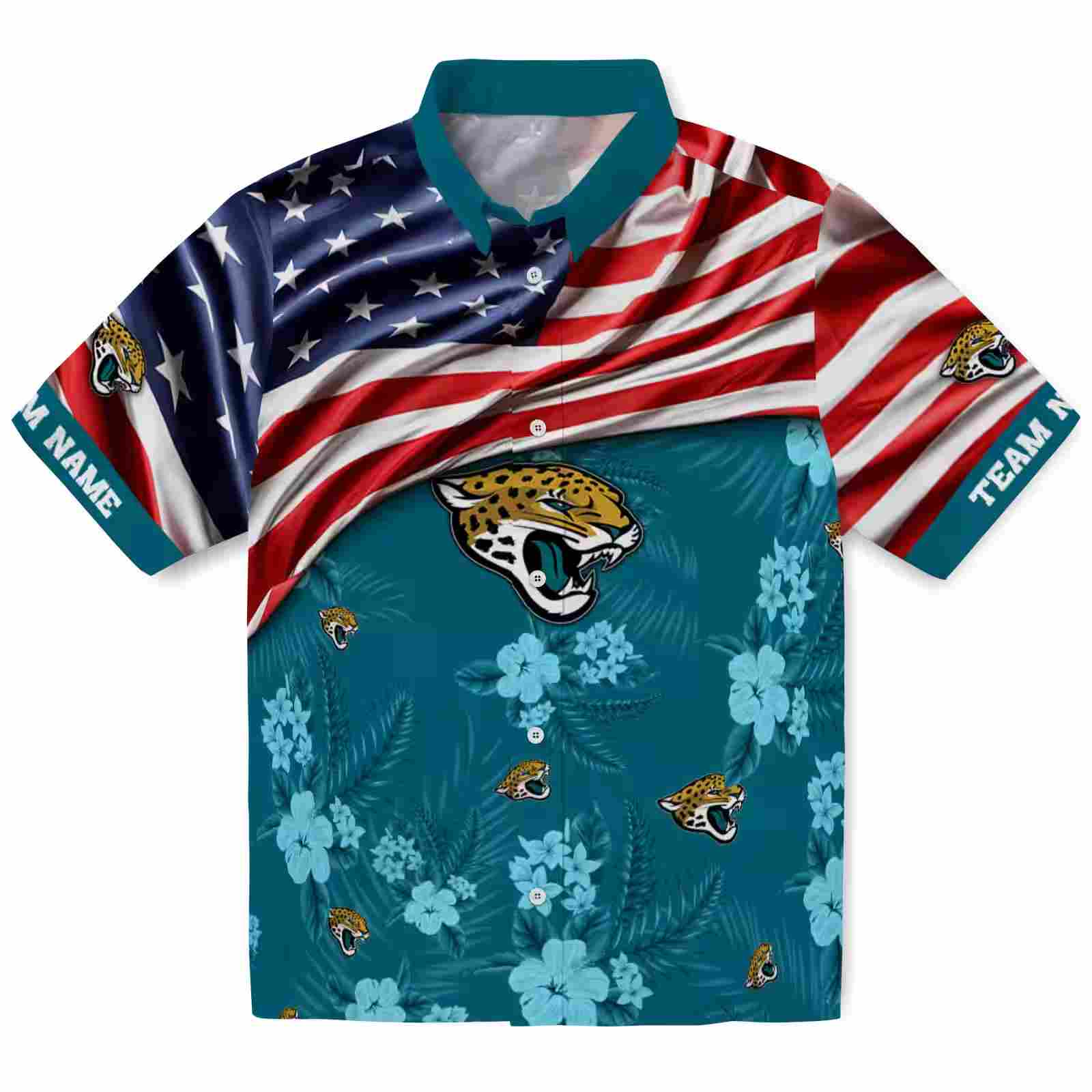 Customized Jacksonville Jaguars US Flag Hibiscus Teal Hawaiian Shirt