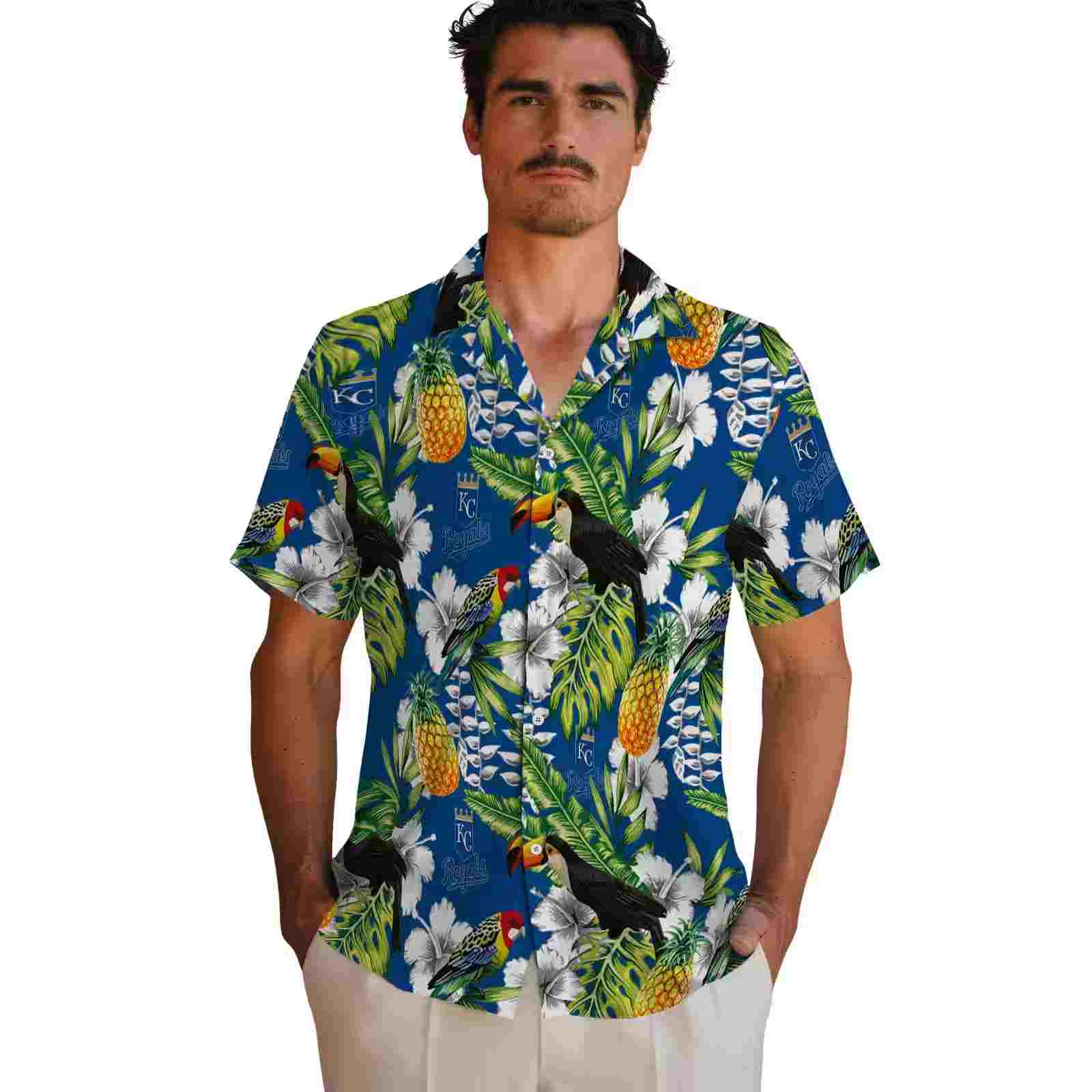 customized kansas city royals tropical toucan royal blue green hawaiian shirt fashion forward