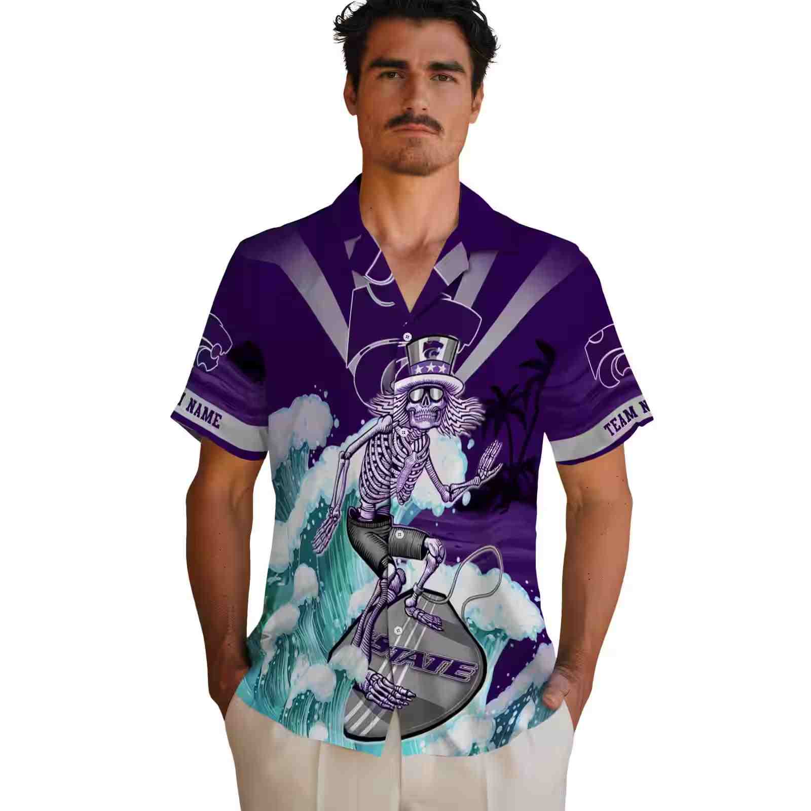 customized kansas state wildcats surfing skeleton purple blue hawaiian shirt fashion forward