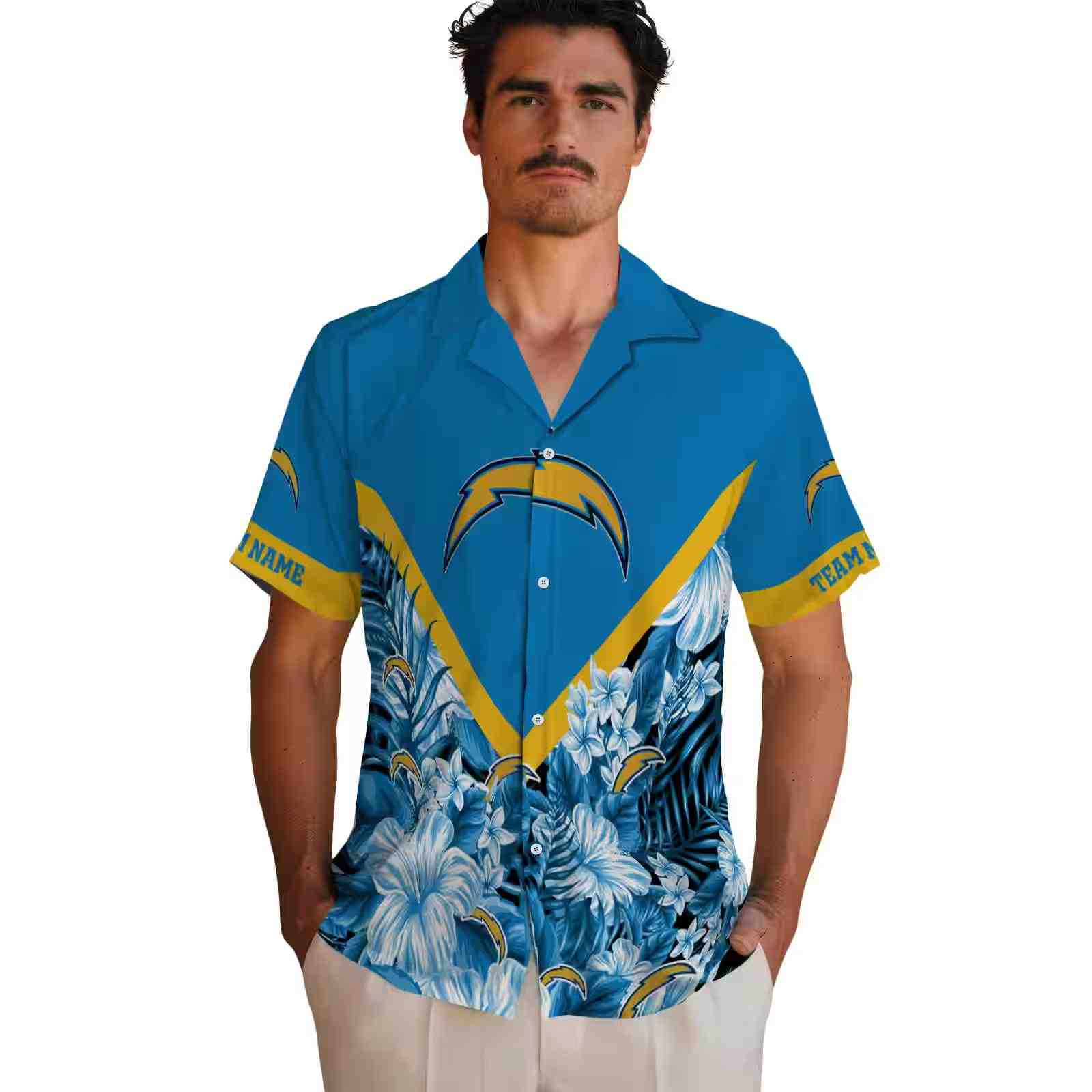 customized los angeles chargers floral chevron blue hawaiian shirt fashion forward