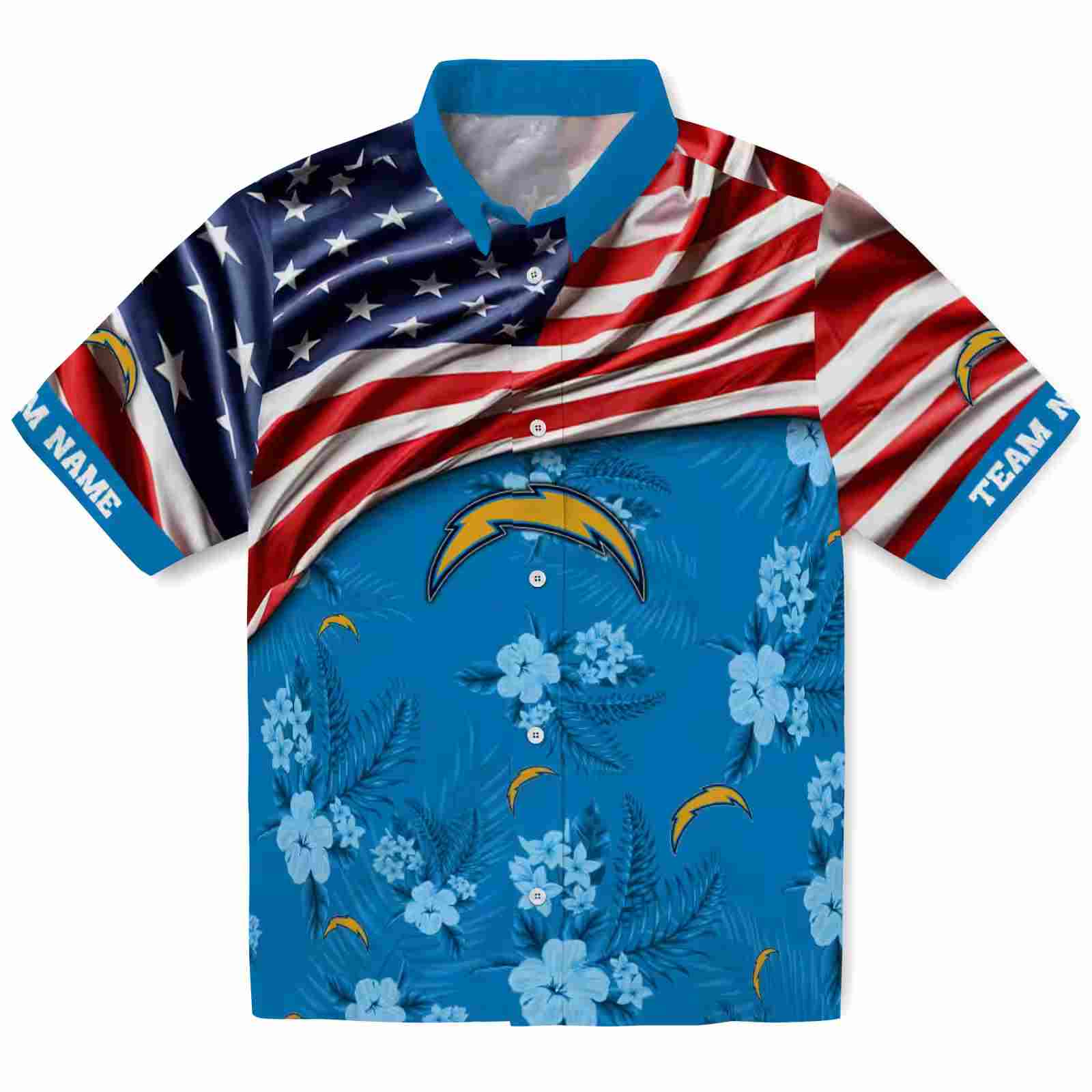 Customized Los Angeles Chargers US Flag Hibiscus Blue Hawaiian Shirt