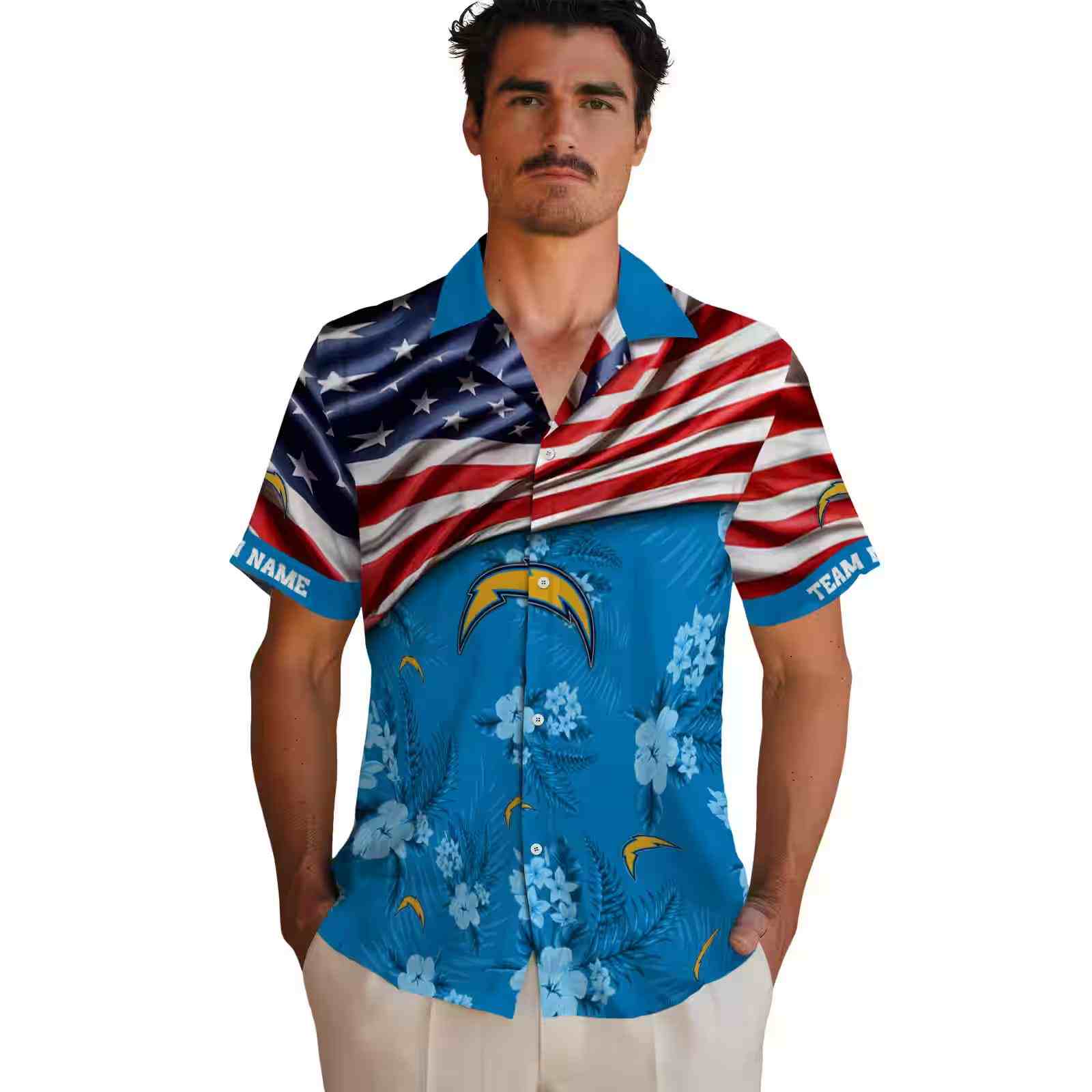 customized los angeles chargers us flag hibiscus blue hawaiian shirt fashion forward