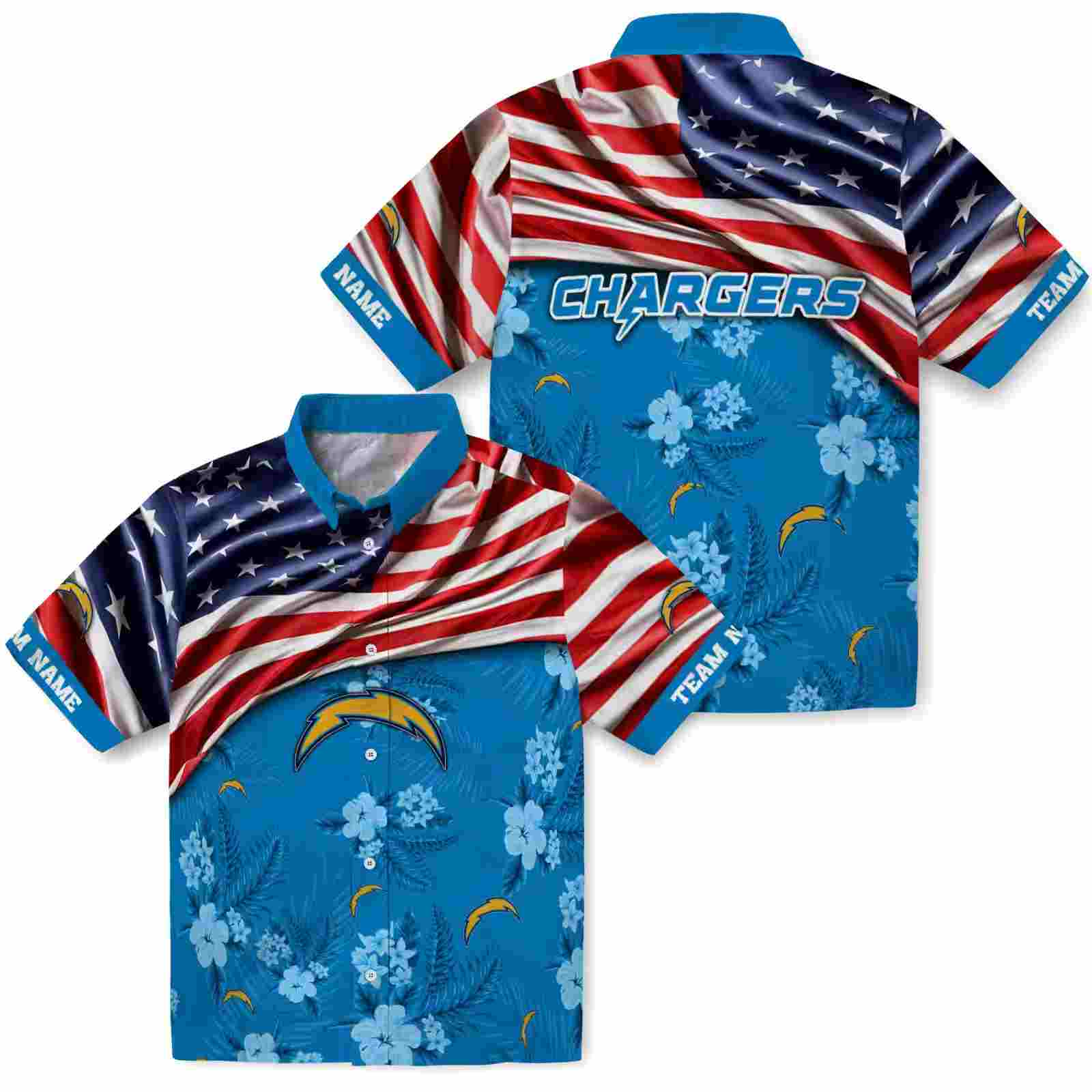 customized los angeles chargers us flag hibiscus blue hawaiian shirt high quality