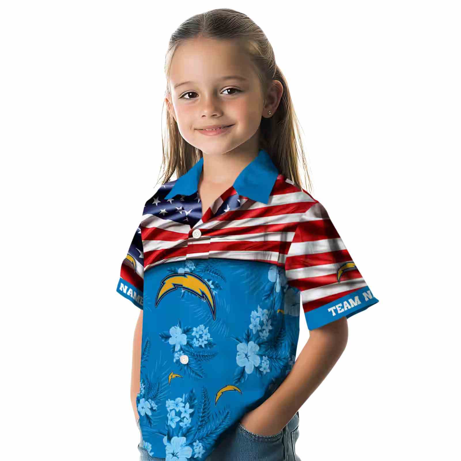 customized los angeles chargers us flag hibiscus blue hawaiian shirt premium grade