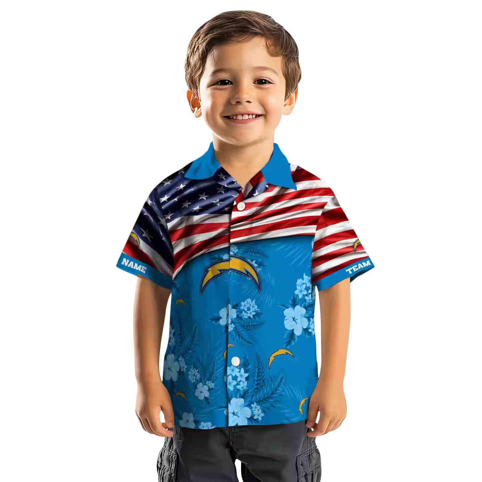 customized los angeles chargers us flag hibiscus blue hawaiian shirt top rated