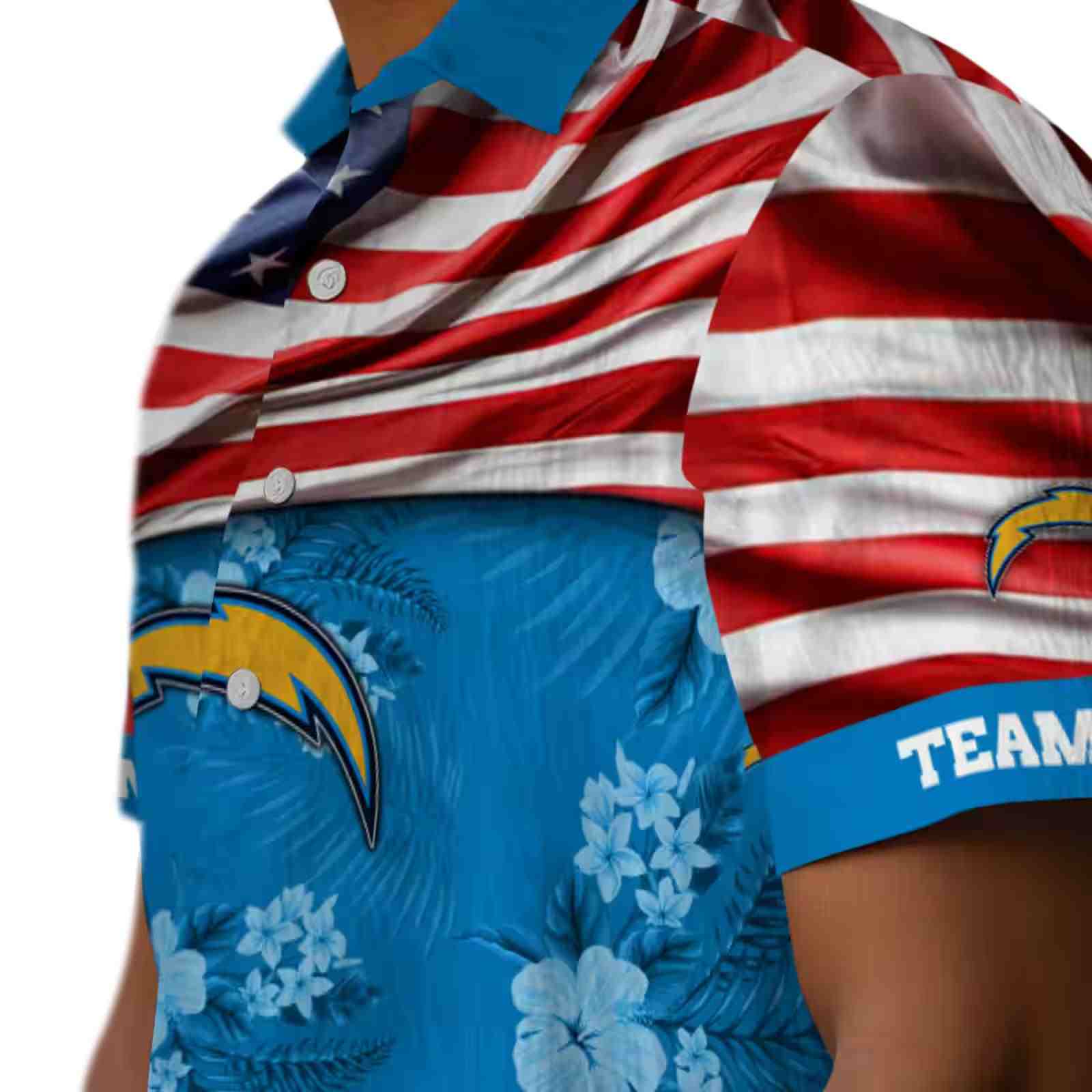 customized los angeles chargers us flag hibiscus blue hawaiian shirt trendy