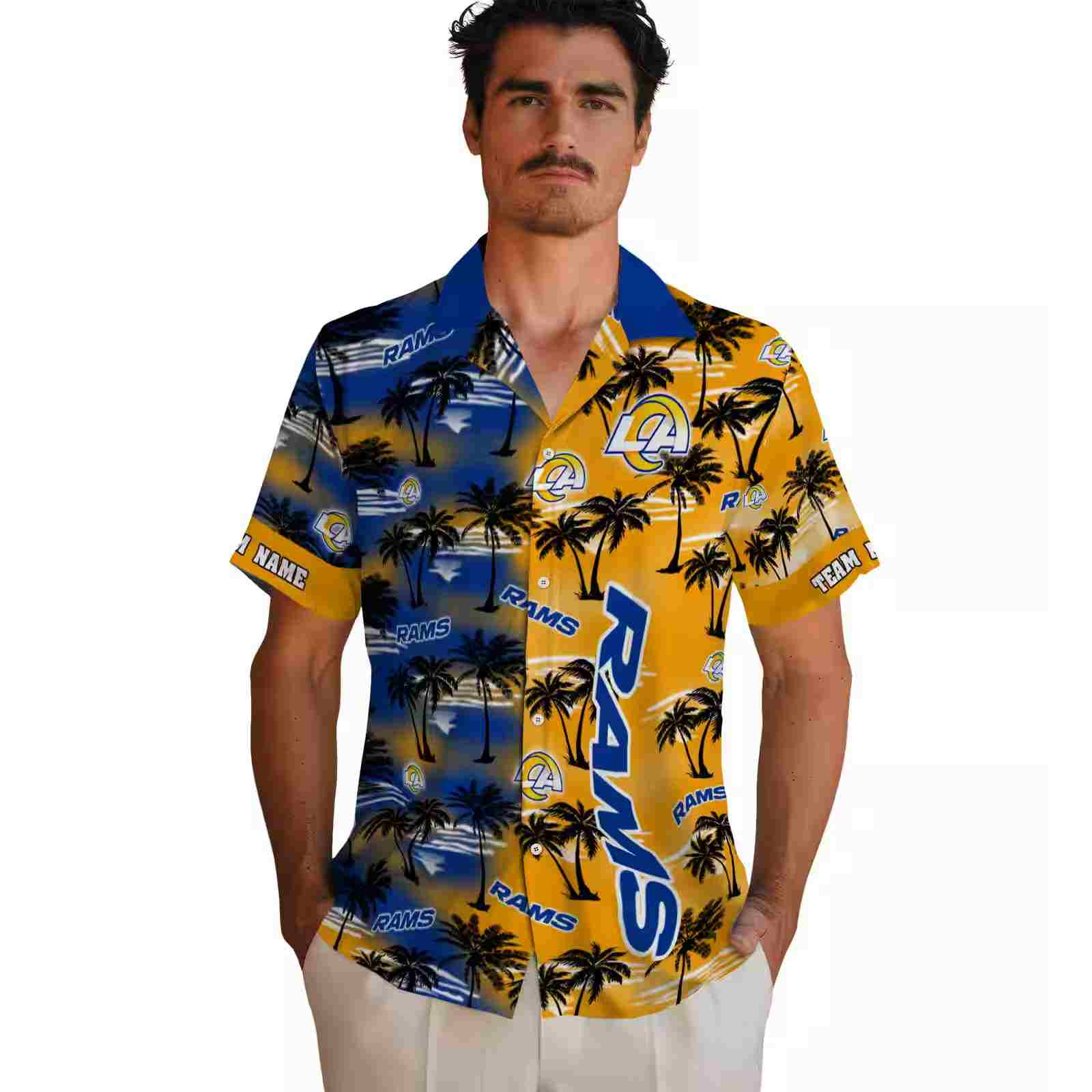 customized los angeles rams palm silhouettes blue hawaiian shirt fashion forward