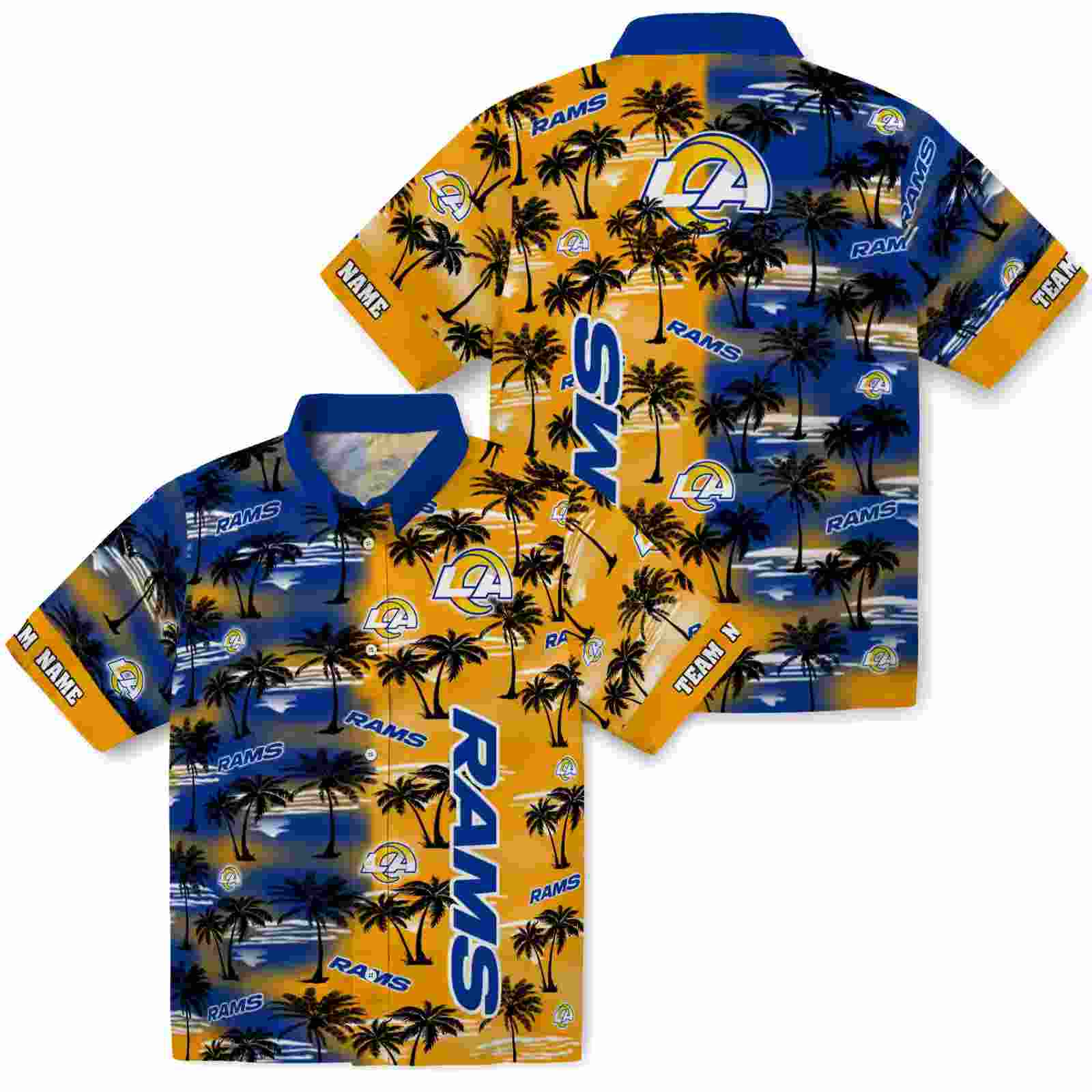 customized los angeles rams palm silhouettes blue hawaiian shirt high quality