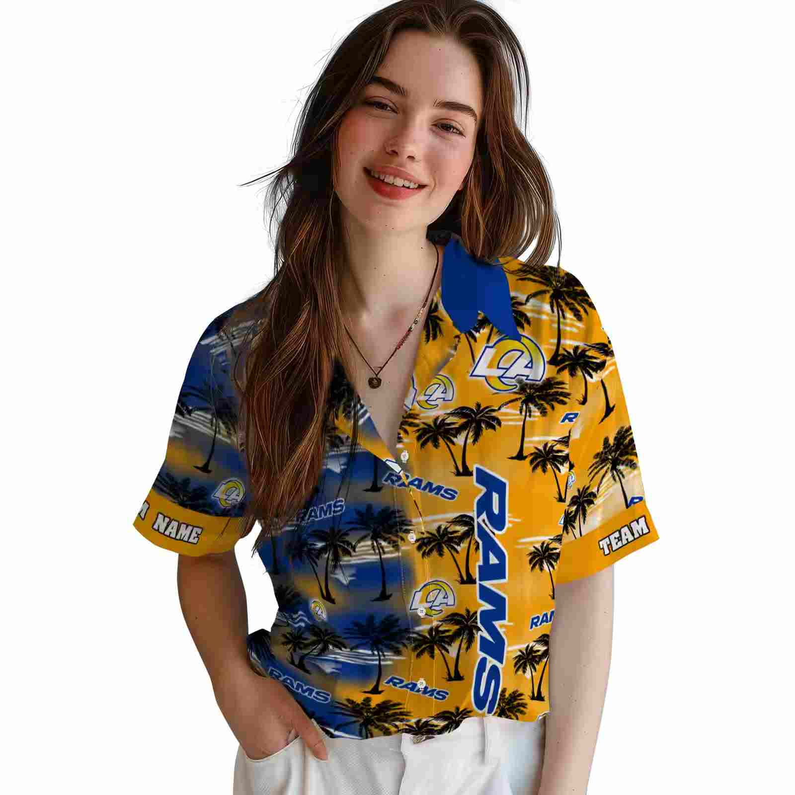 customized los angeles rams palm silhouettes blue hawaiian shirt latest model