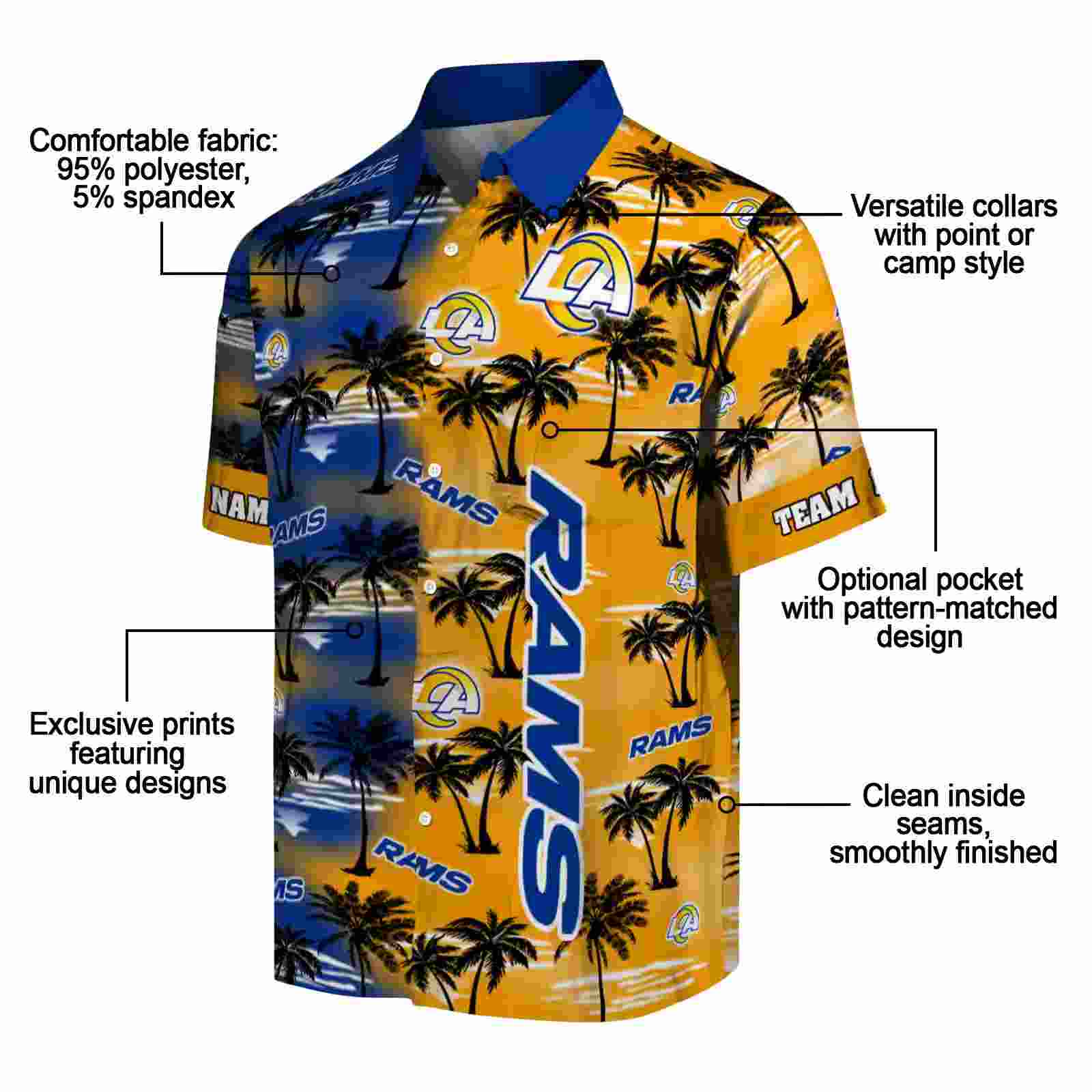 customized los angeles rams palm silhouettes blue hawaiian shirt new arrival