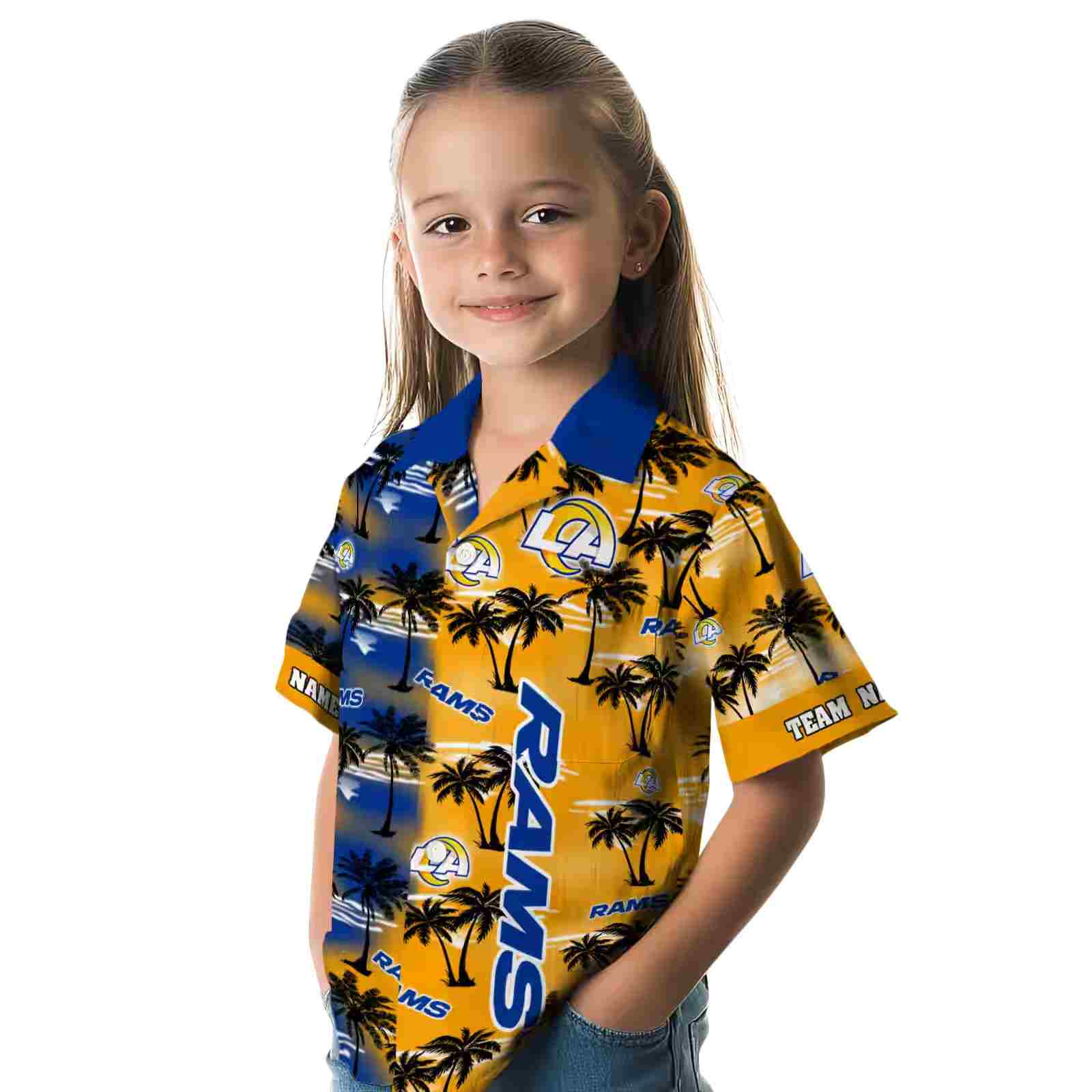 customized los angeles rams palm silhouettes blue hawaiian shirt premium grade