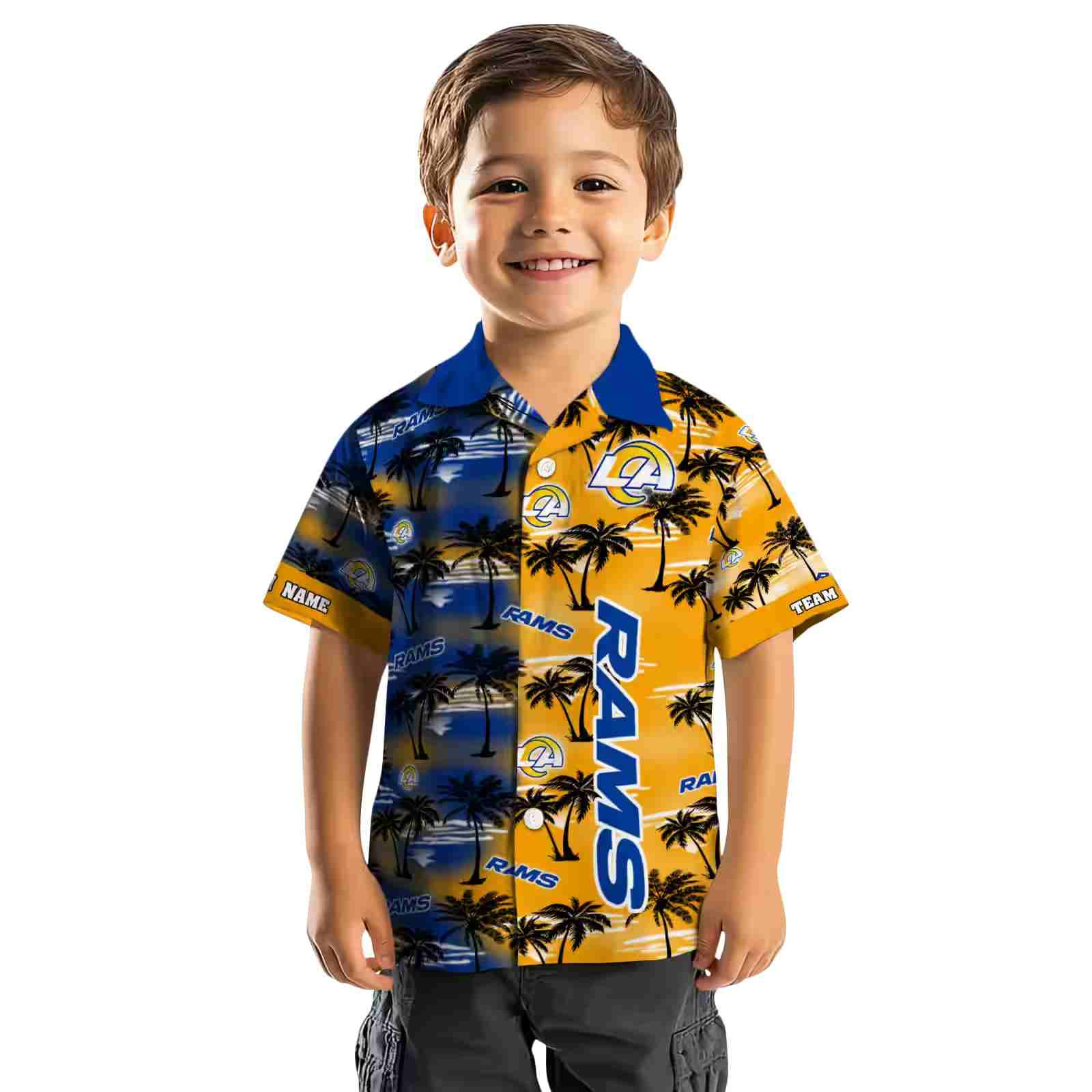 customized los angeles rams palm silhouettes blue hawaiian shirt top rated