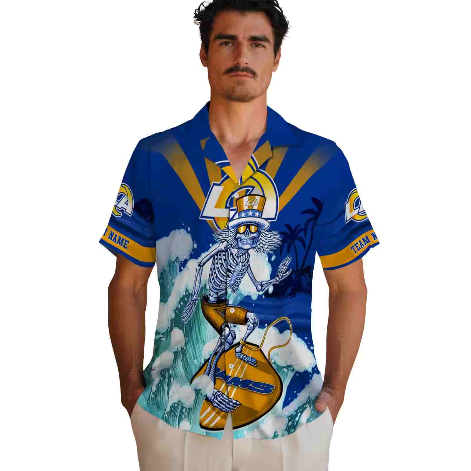 customized los angeles rams surfing skeleton blue hawaiian shirt fashion forward