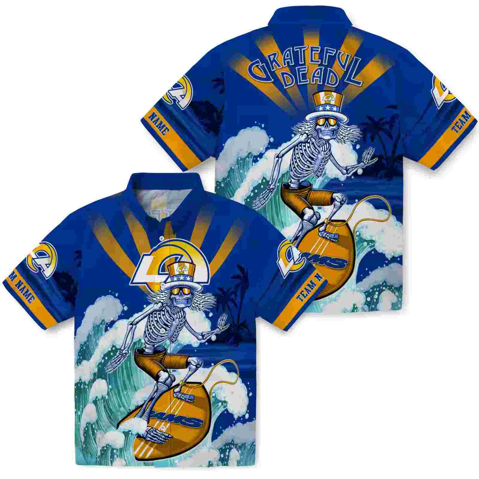 customized los angeles rams surfing skeleton blue hawaiian shirt high quality