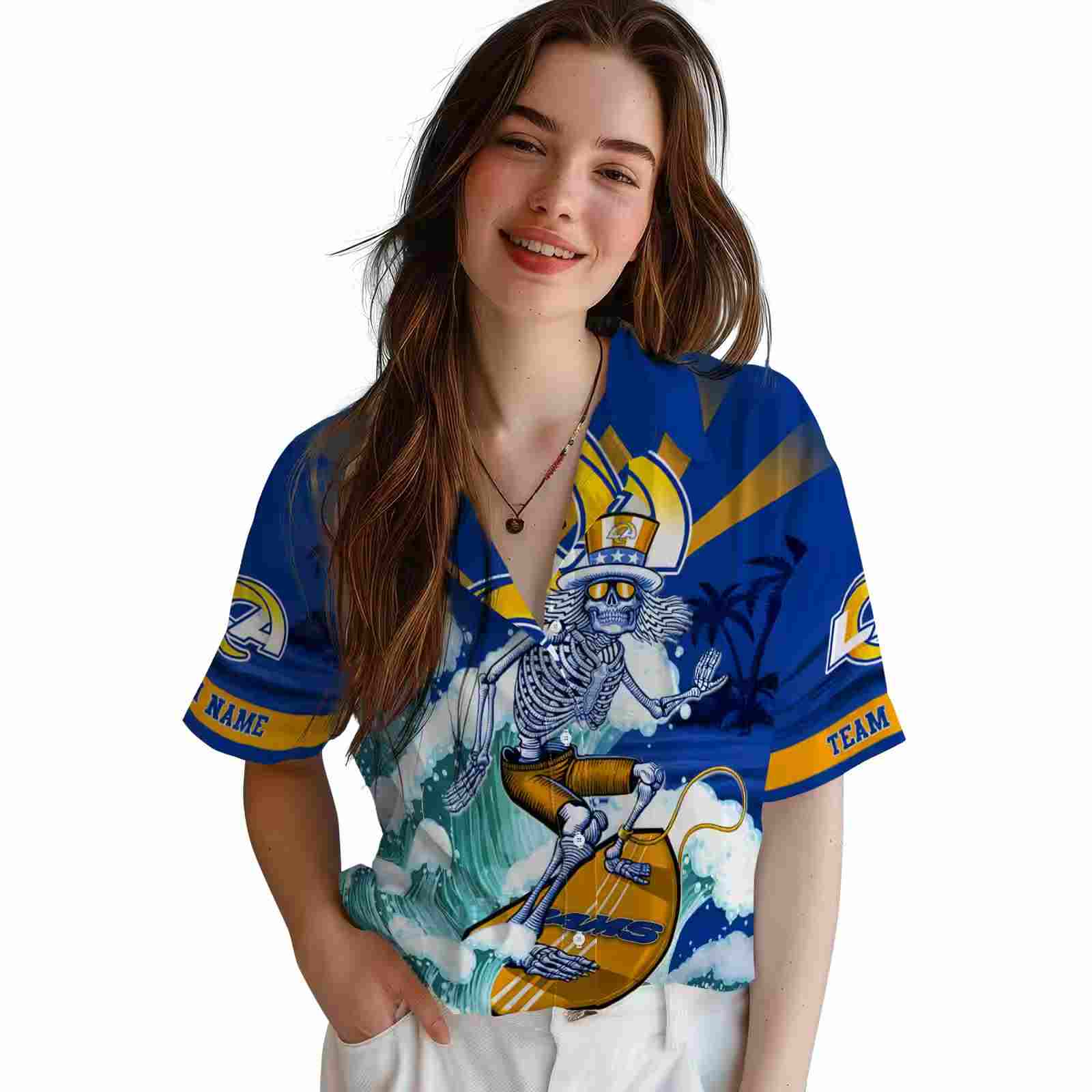 customized los angeles rams surfing skeleton blue hawaiian shirt latest model