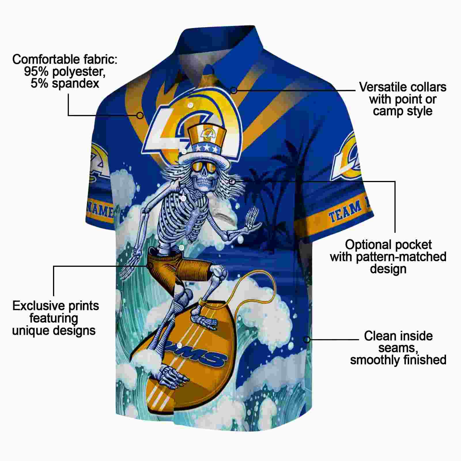 customized los angeles rams surfing skeleton blue hawaiian shirt new arrival