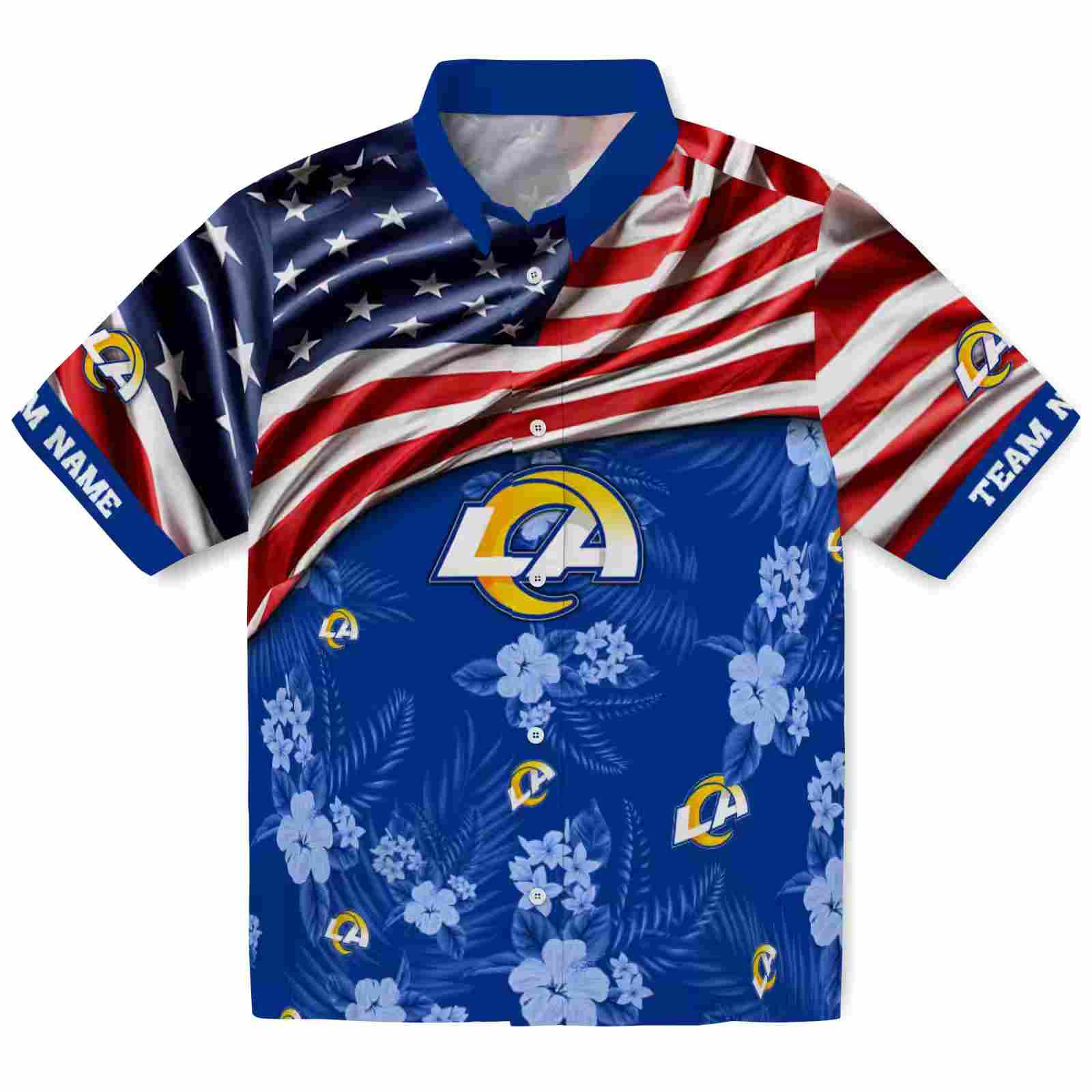 Customized Los Angeles Rams US Flag Hibiscus Blue Hawaiian Shirt