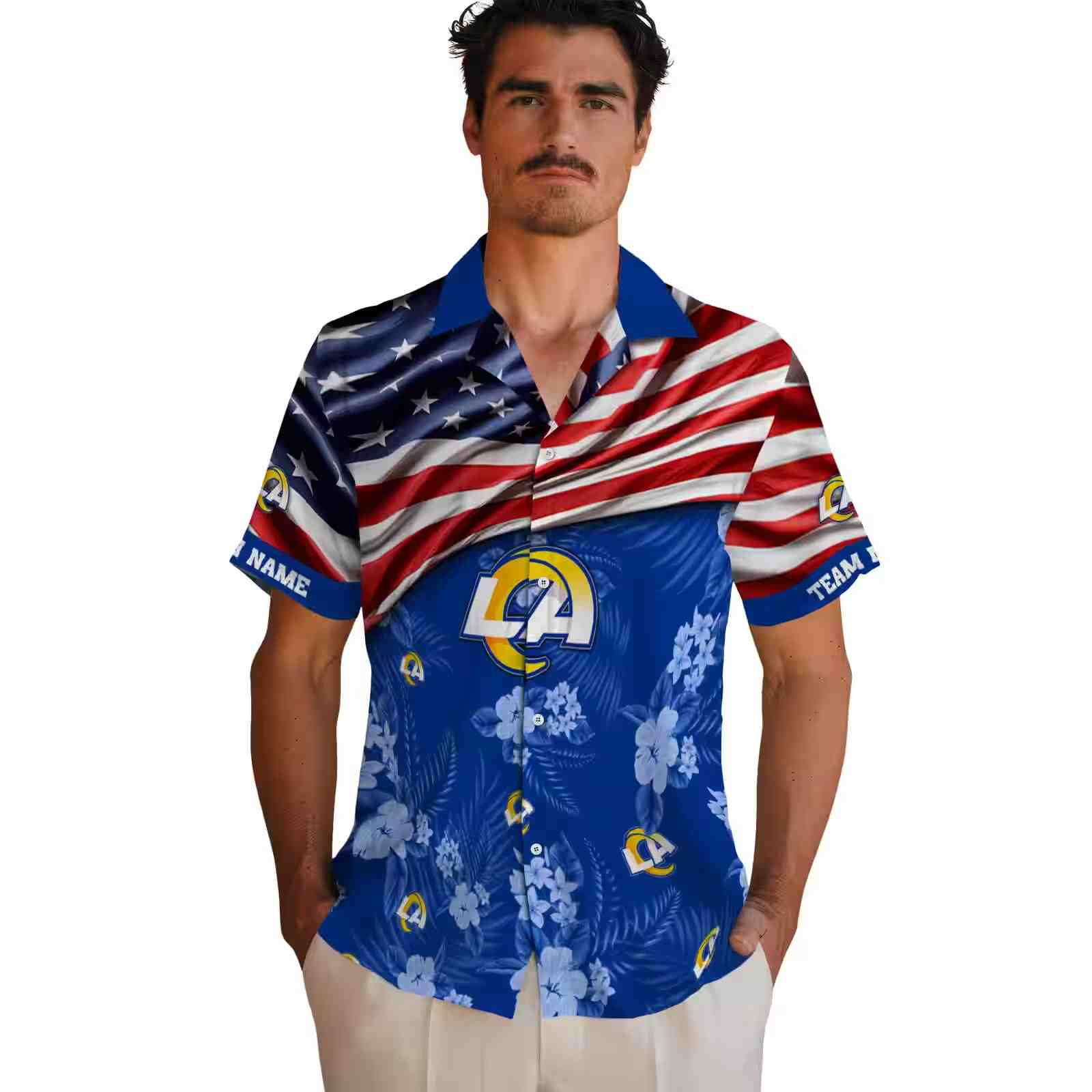 customized los angeles rams us flag hibiscus blue hawaiian shirt fashion forward