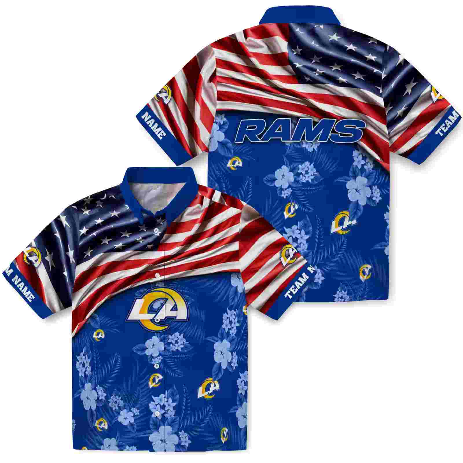 customized los angeles rams us flag hibiscus blue hawaiian shirt high quality