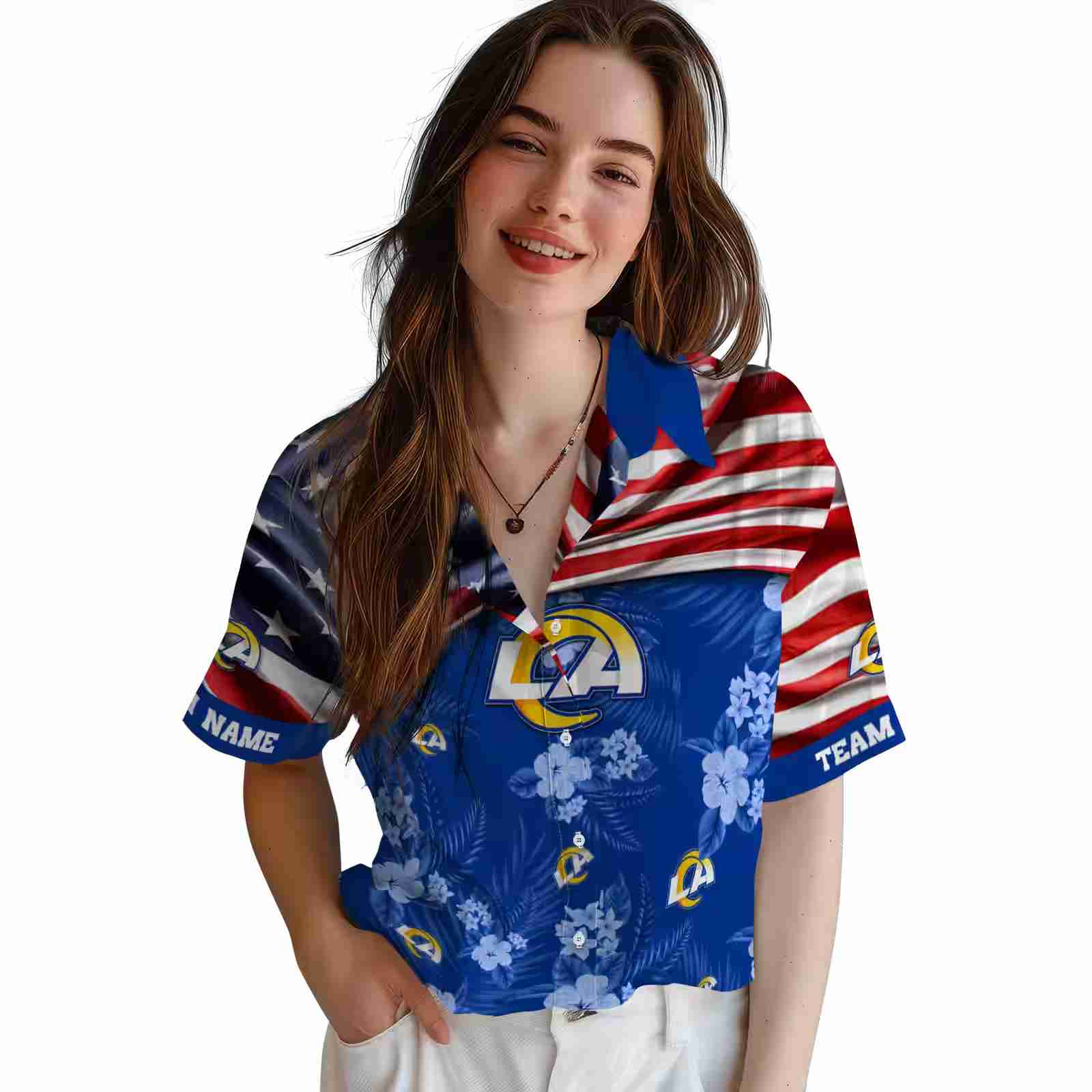 customized los angeles rams us flag hibiscus blue hawaiian shirt latest model