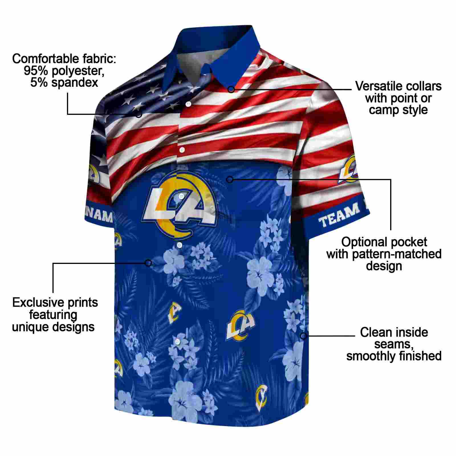 customized los angeles rams us flag hibiscus blue hawaiian shirt new arrival