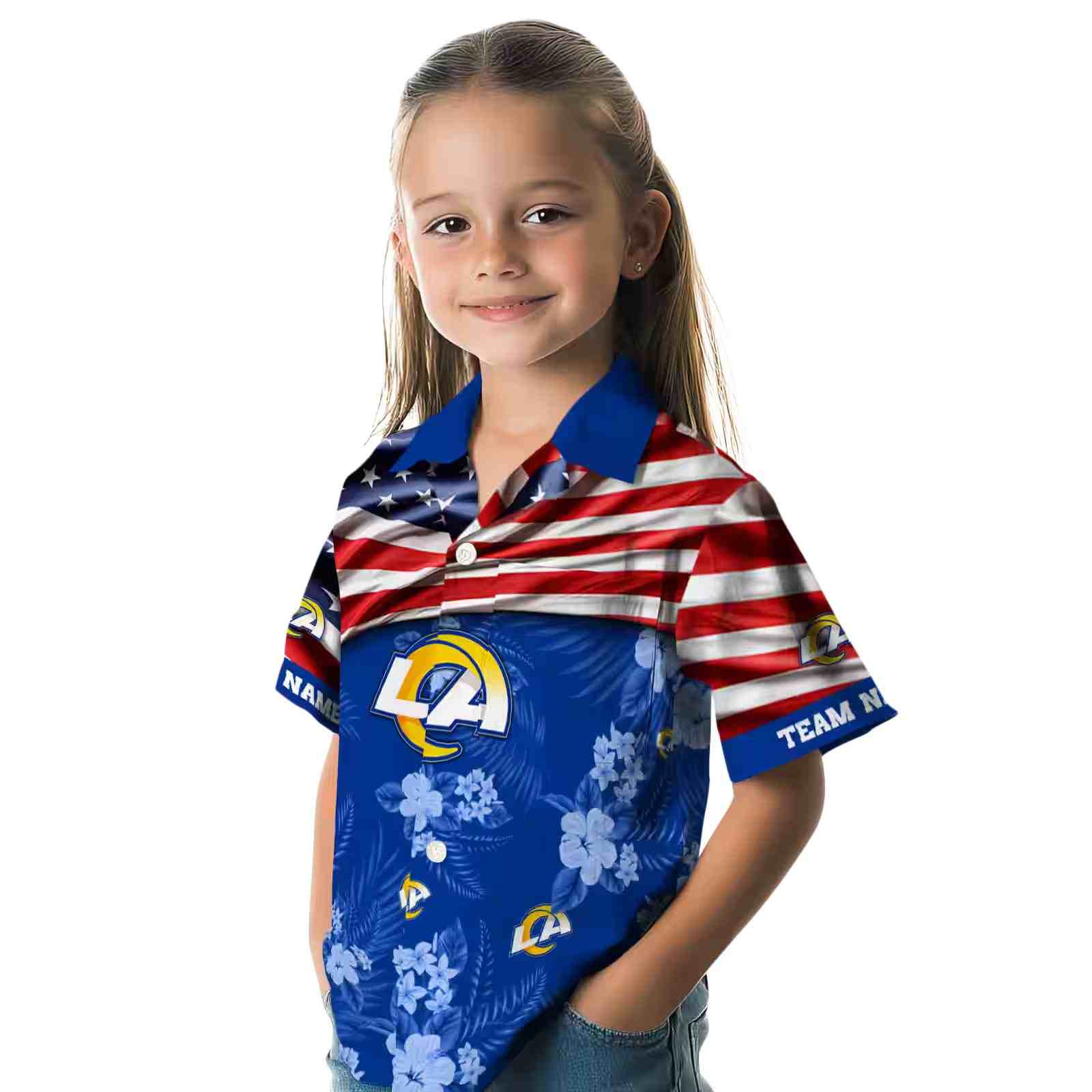 customized los angeles rams us flag hibiscus blue hawaiian shirt premium grade