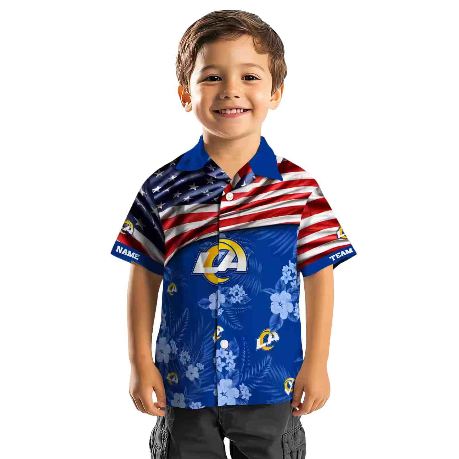 customized los angeles rams us flag hibiscus blue hawaiian shirt top rated