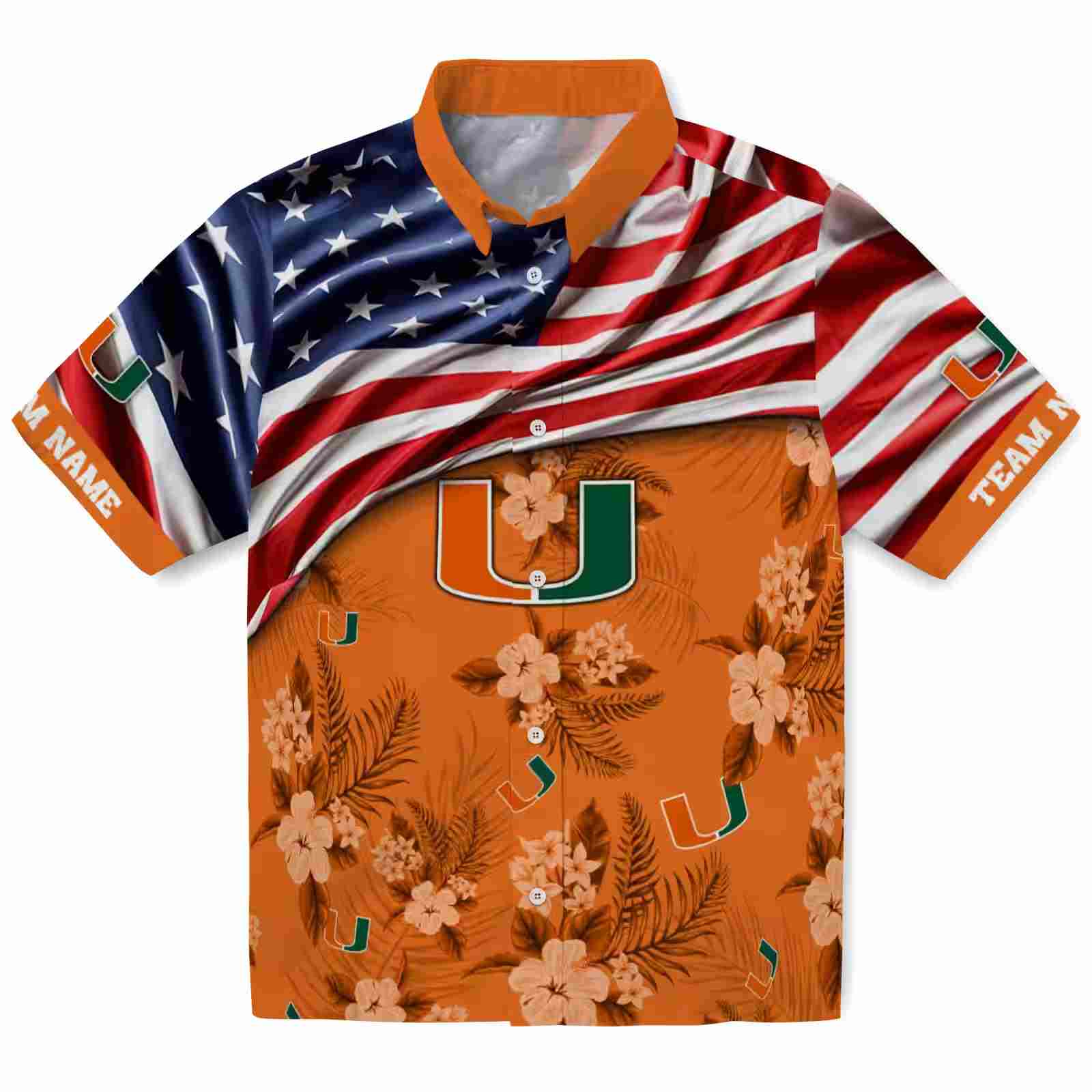 Customized Miami Hurricanes US Flag Hibiscus Orange Hawaiian Shirt