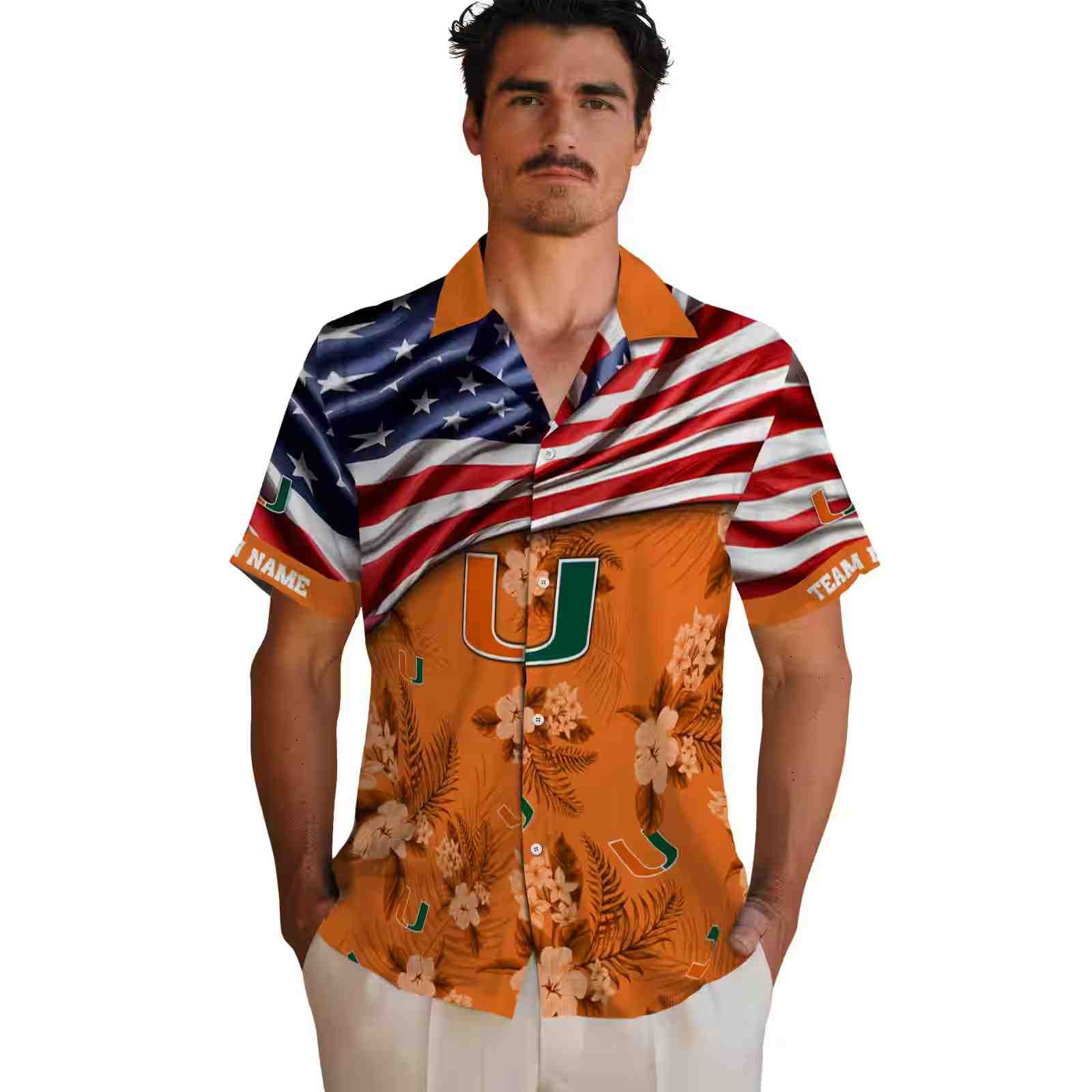 customized miami hurricanes us flag hibiscus orange hawaiian shirt fashion forward