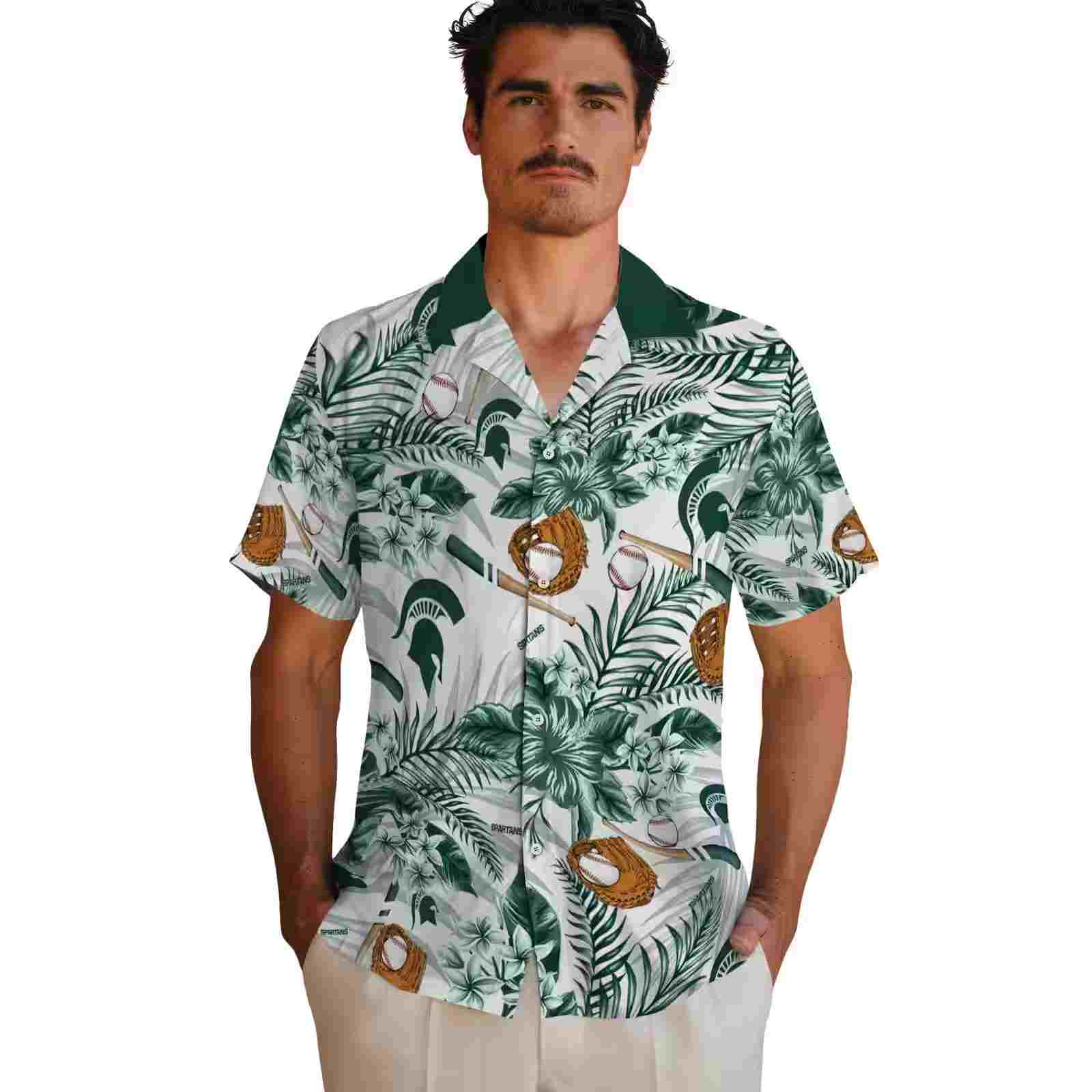 customized michigan state spartans floral baseball green white hawaiian shirt fashion forward