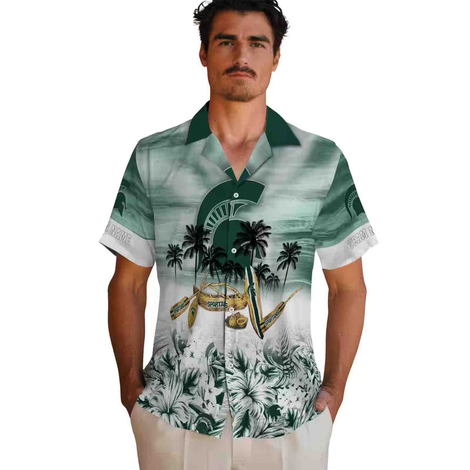 customized michigan state spartans tropical canoe green hawaiian shirt fashion forward