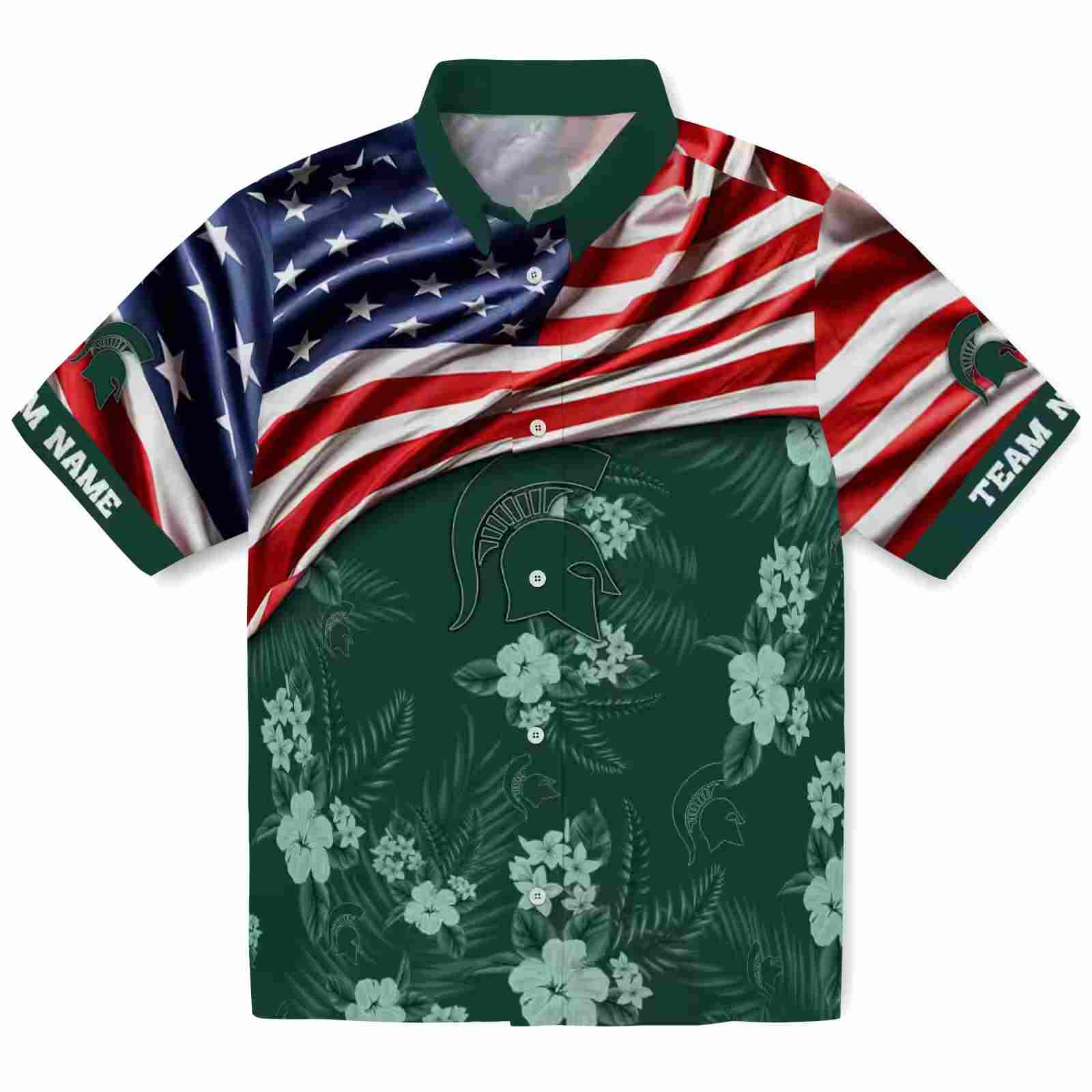 Customized Michigan State Spartans US Flag Hibiscus Green Hawaiian Shirt