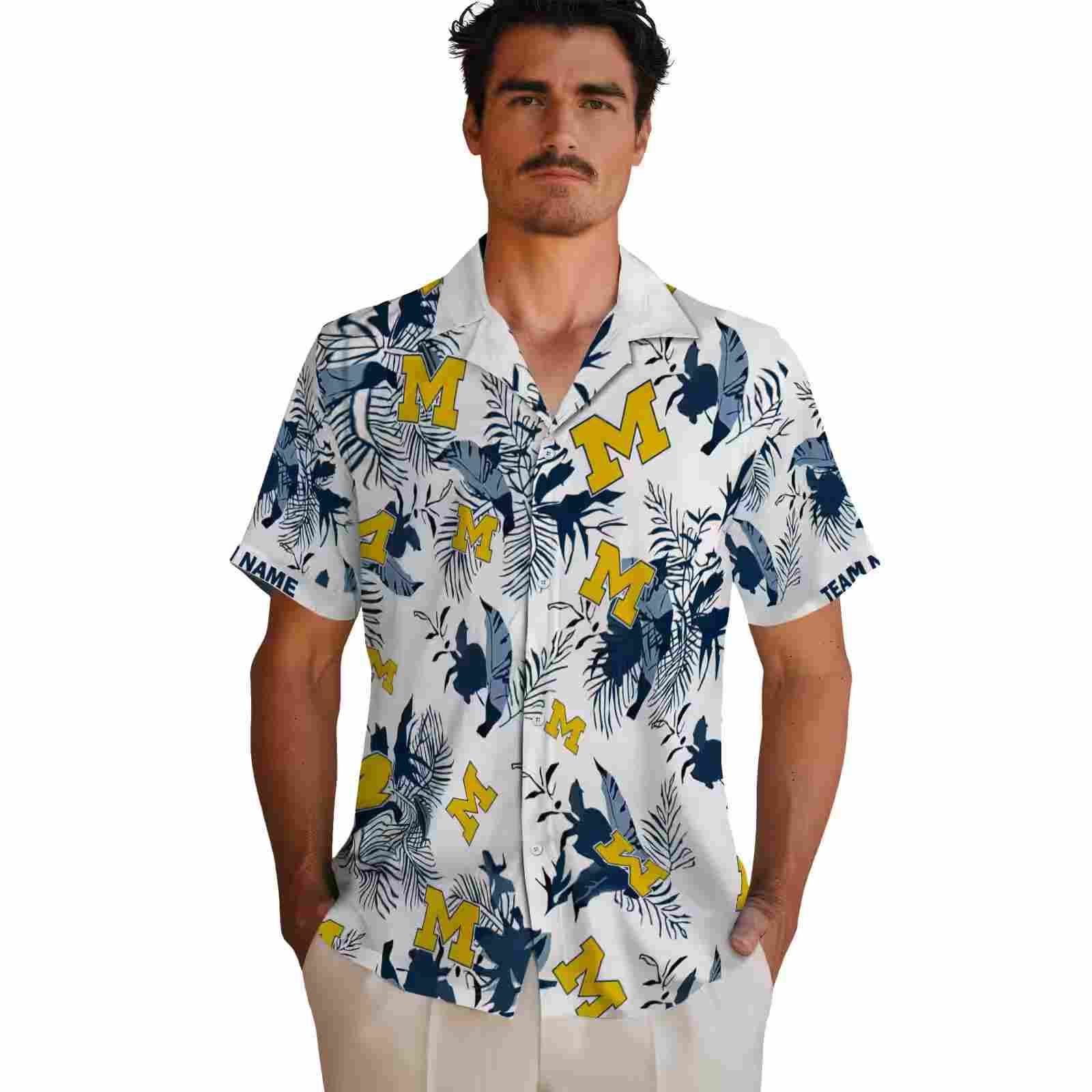 customized michigan wolverines botanical theme blue white hawaiian shirt fashion forward