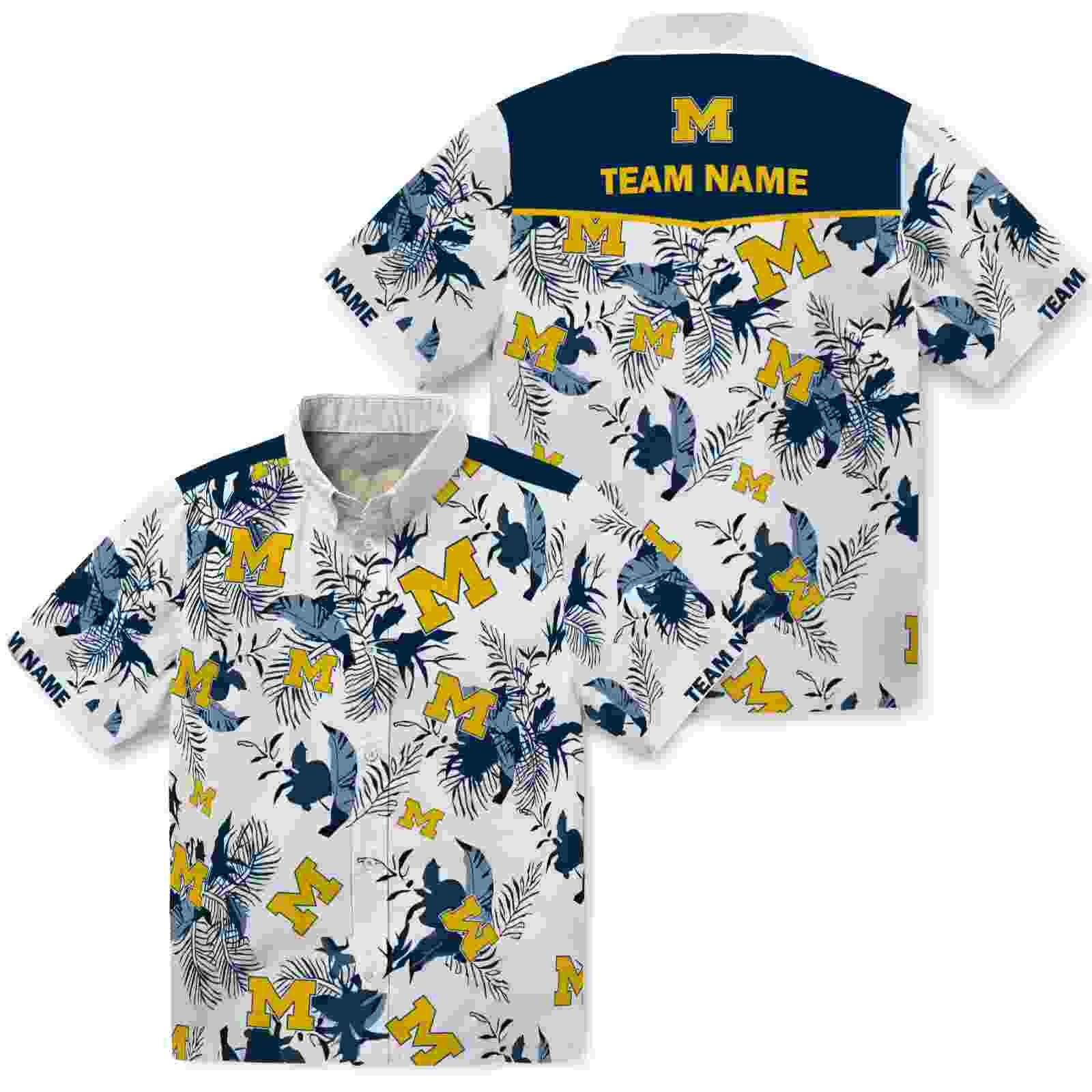 customized michigan wolverines botanical theme blue white hawaiian shirt high quality